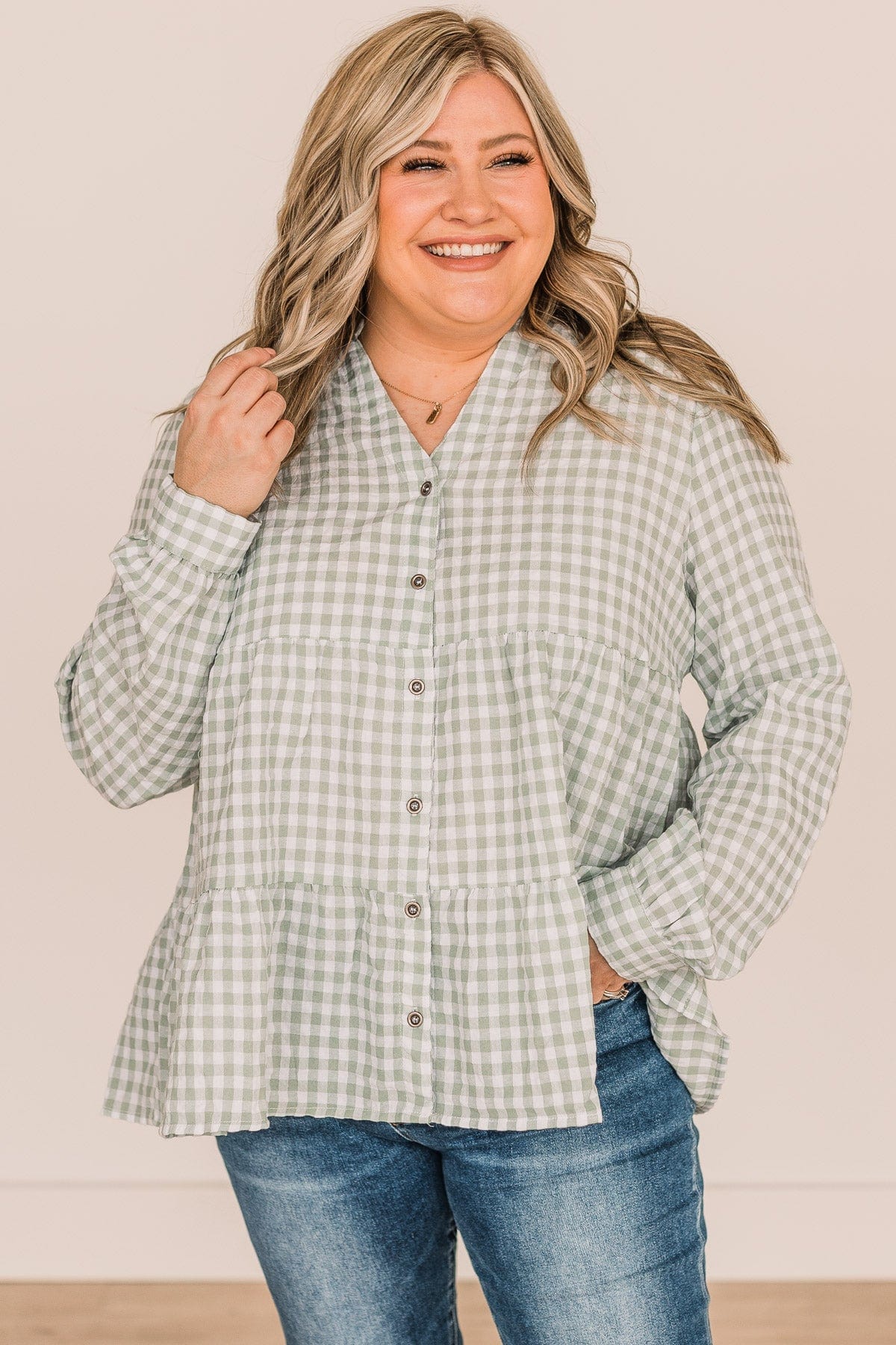 What A Dream Long Sleeve Button Top- Sage