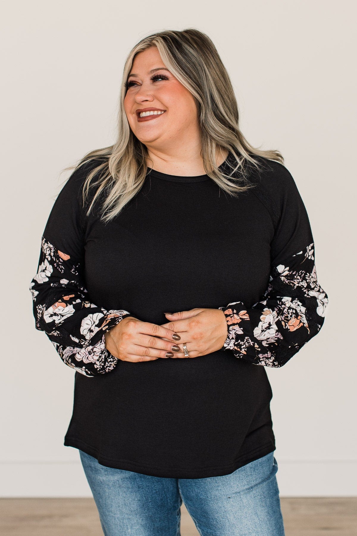 One To Remember Floral Sleeve Top- Black
