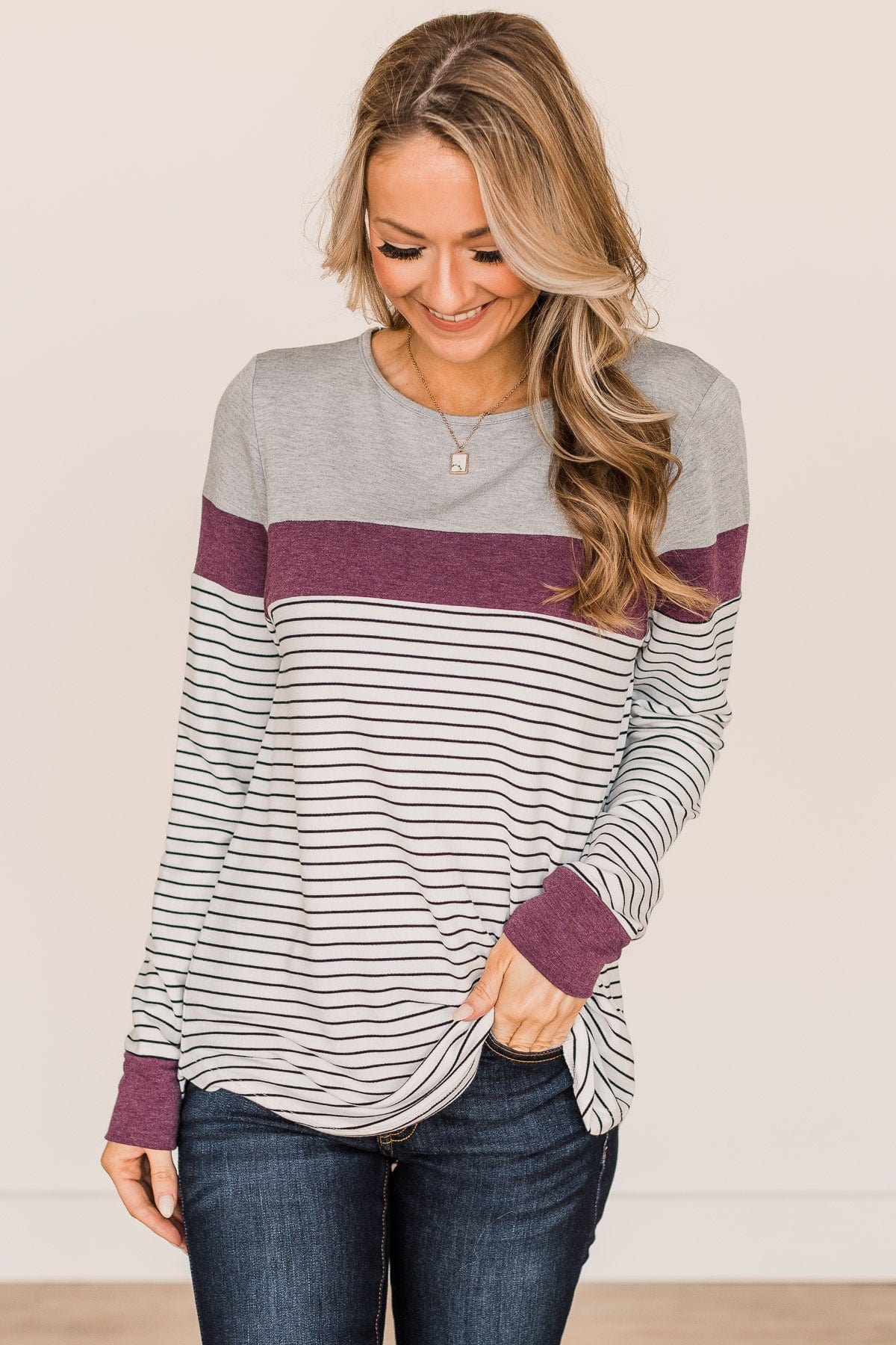 Sweet In Stripes Color Block Top- Ivory & Plum