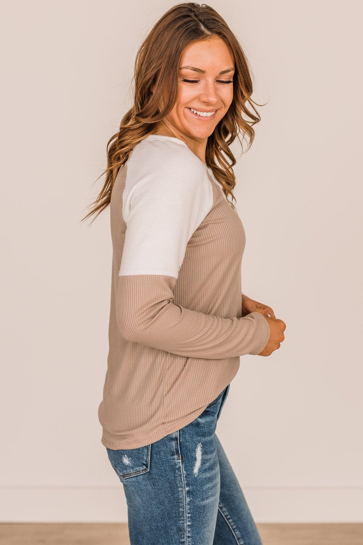 In The Works Button Knit Top- Beige & Ivory