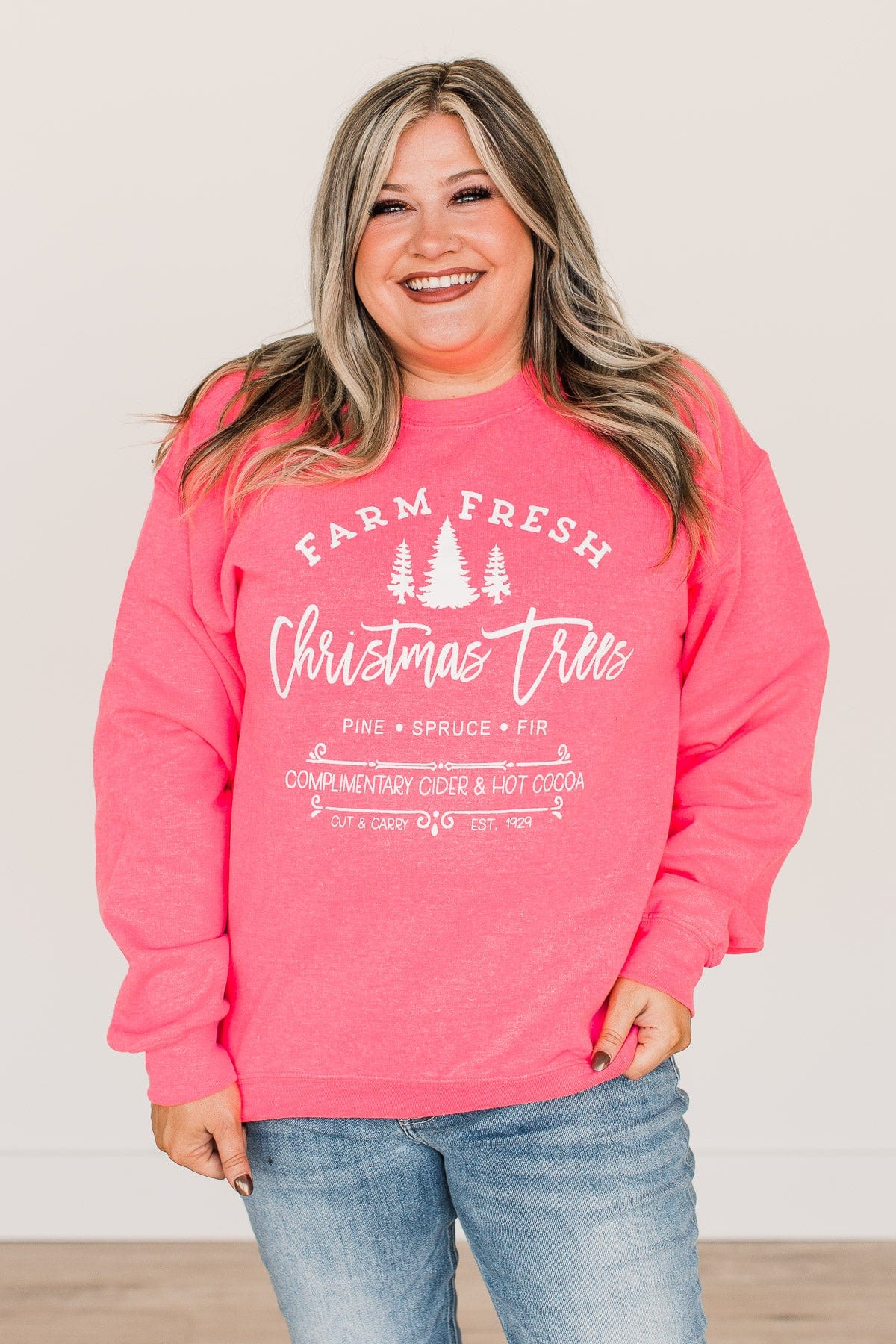 "Farm Fresh Christmas Trees" Graphic Crewneck- Neon Pink