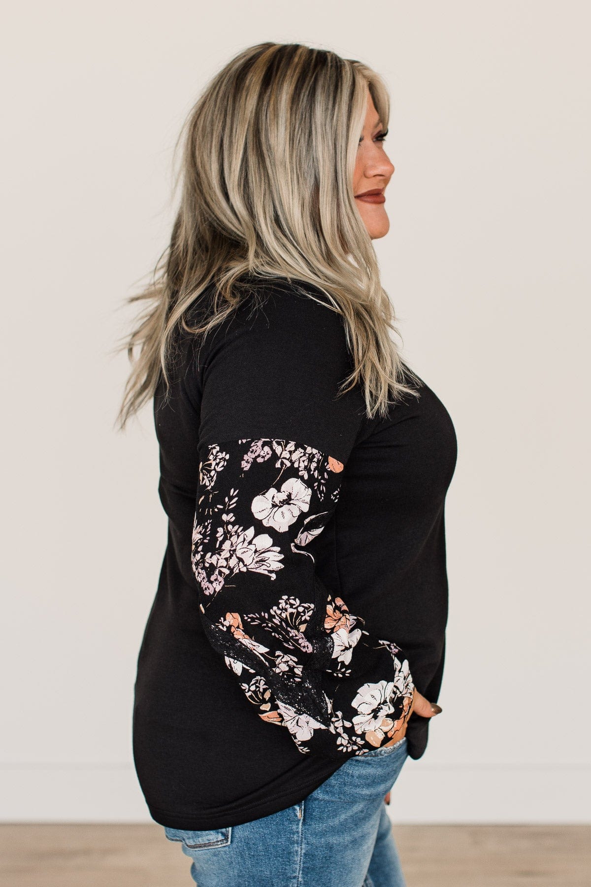 One To Remember Floral Sleeve Top- Black