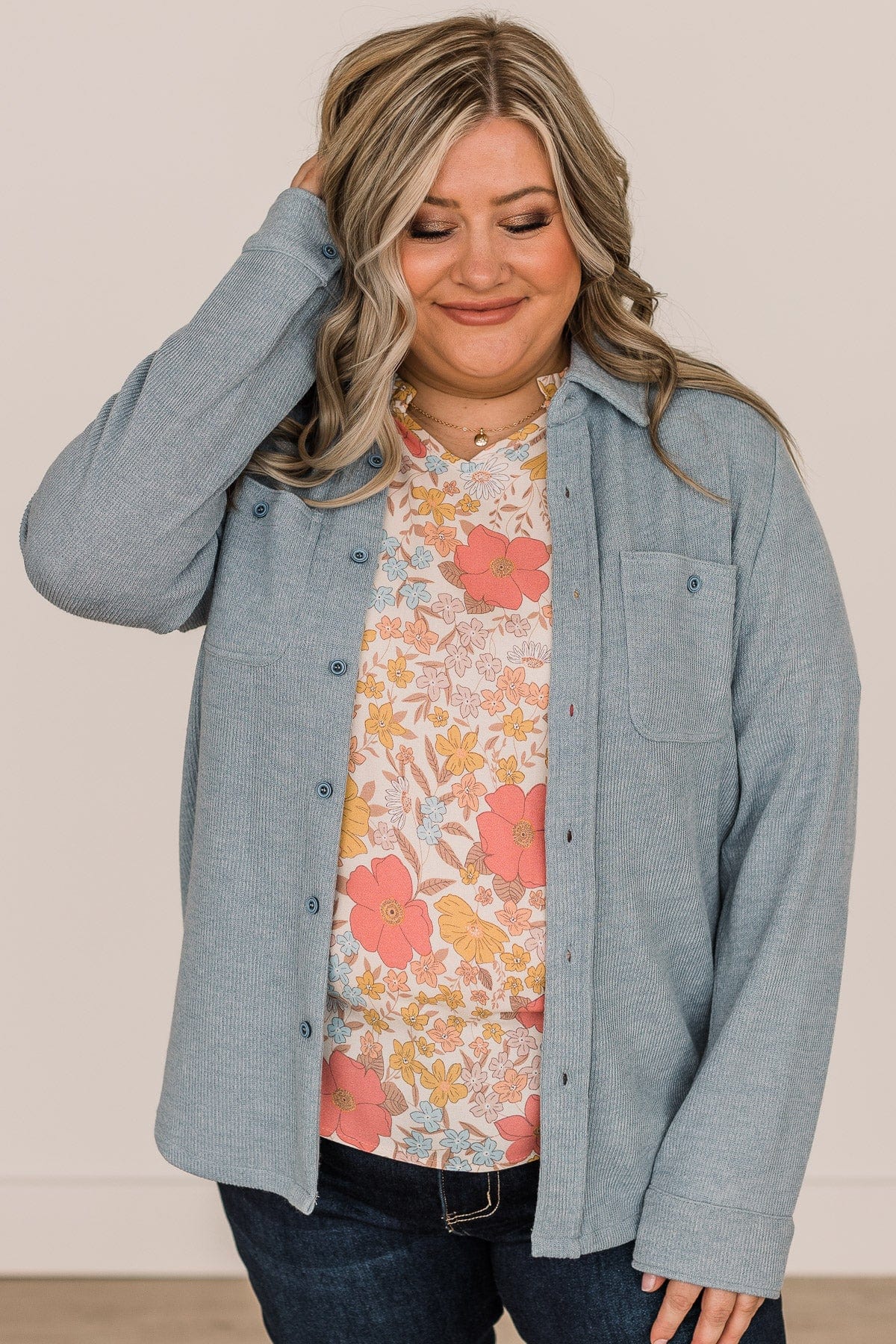 Never Letting Go Button Top- Dusty Blue