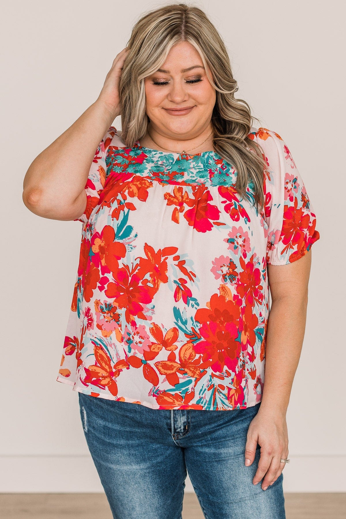 Excellent Taste Floral Blouse- Ivory, Red, & Turquoise