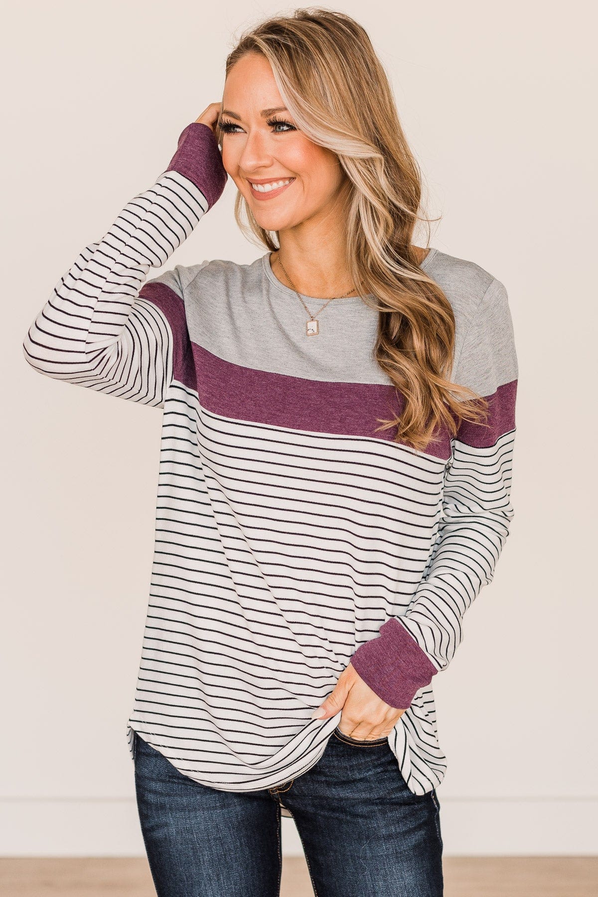 Sweet In Stripes Color Block Top- Ivory & Plum