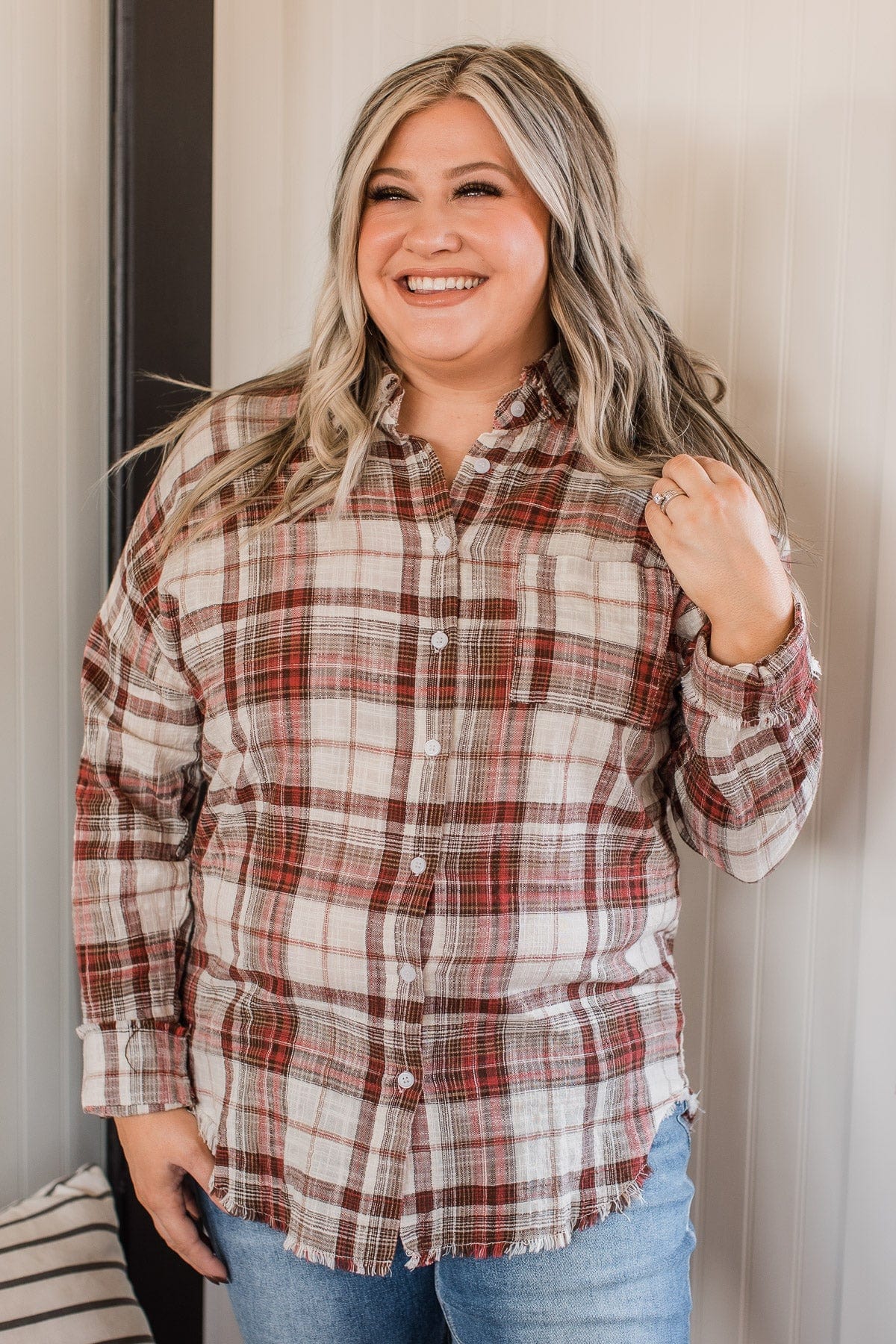 Amazed By Autumn Frayed Plaid Top- Ivory & Red