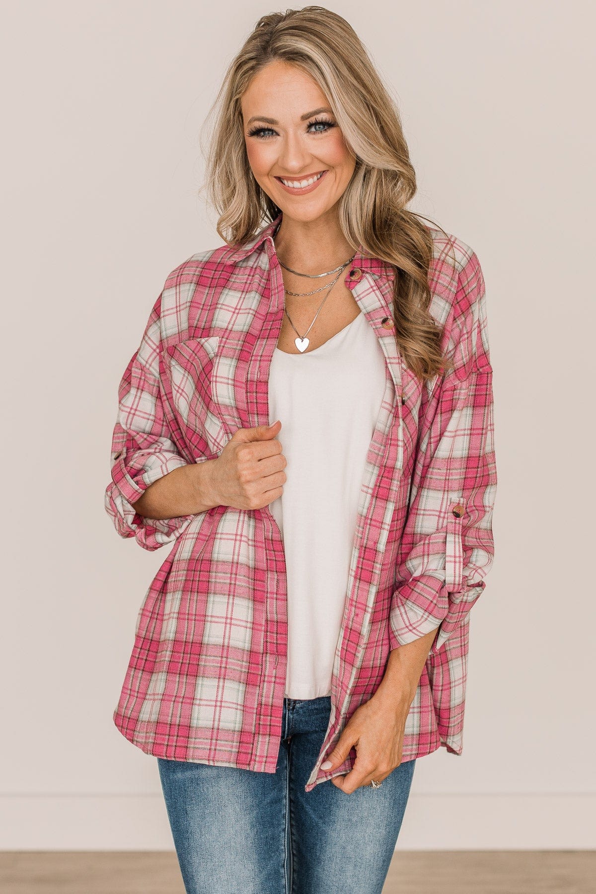 Spring To Mind Plaid Button Top- Pink