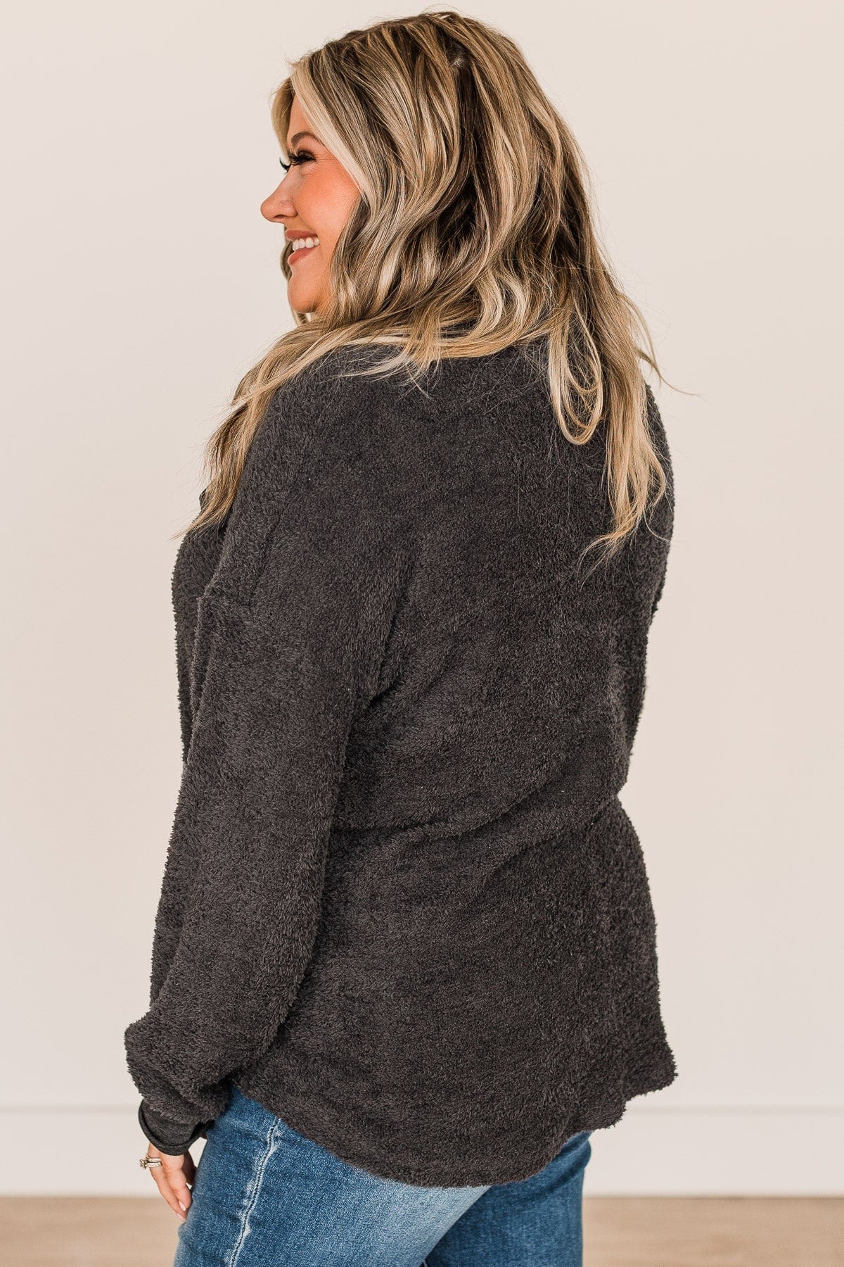 Living For Style Fuzzy Knit Button Top- Dark Charcoal