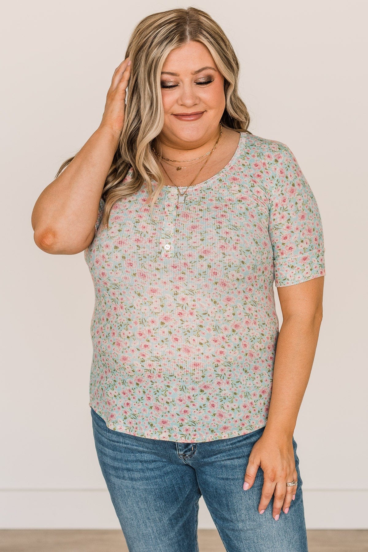 Dream On Floral Button Top- Mint Blue & Pink