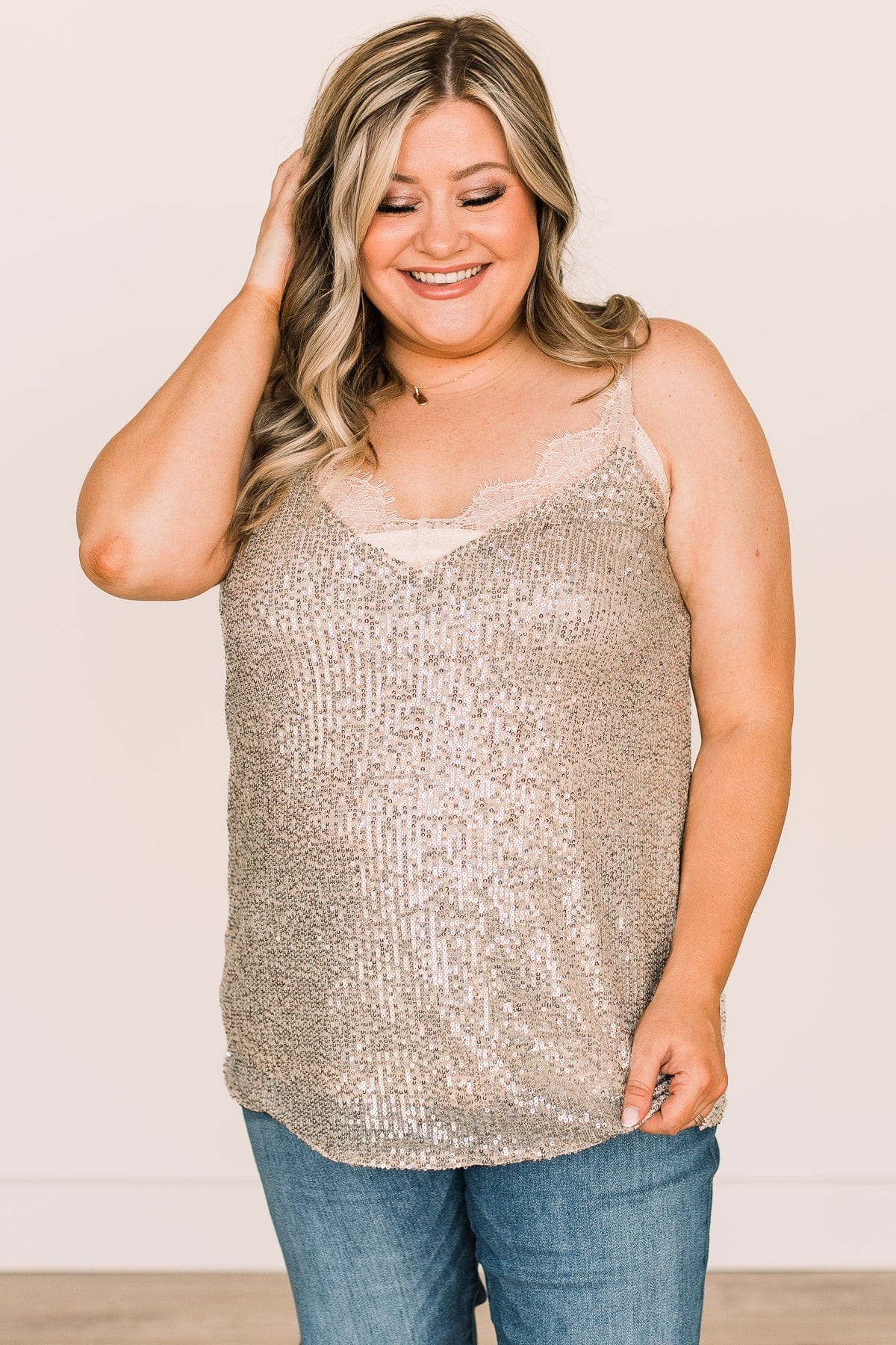 Stunning In Sequins Tank Top- Champagne