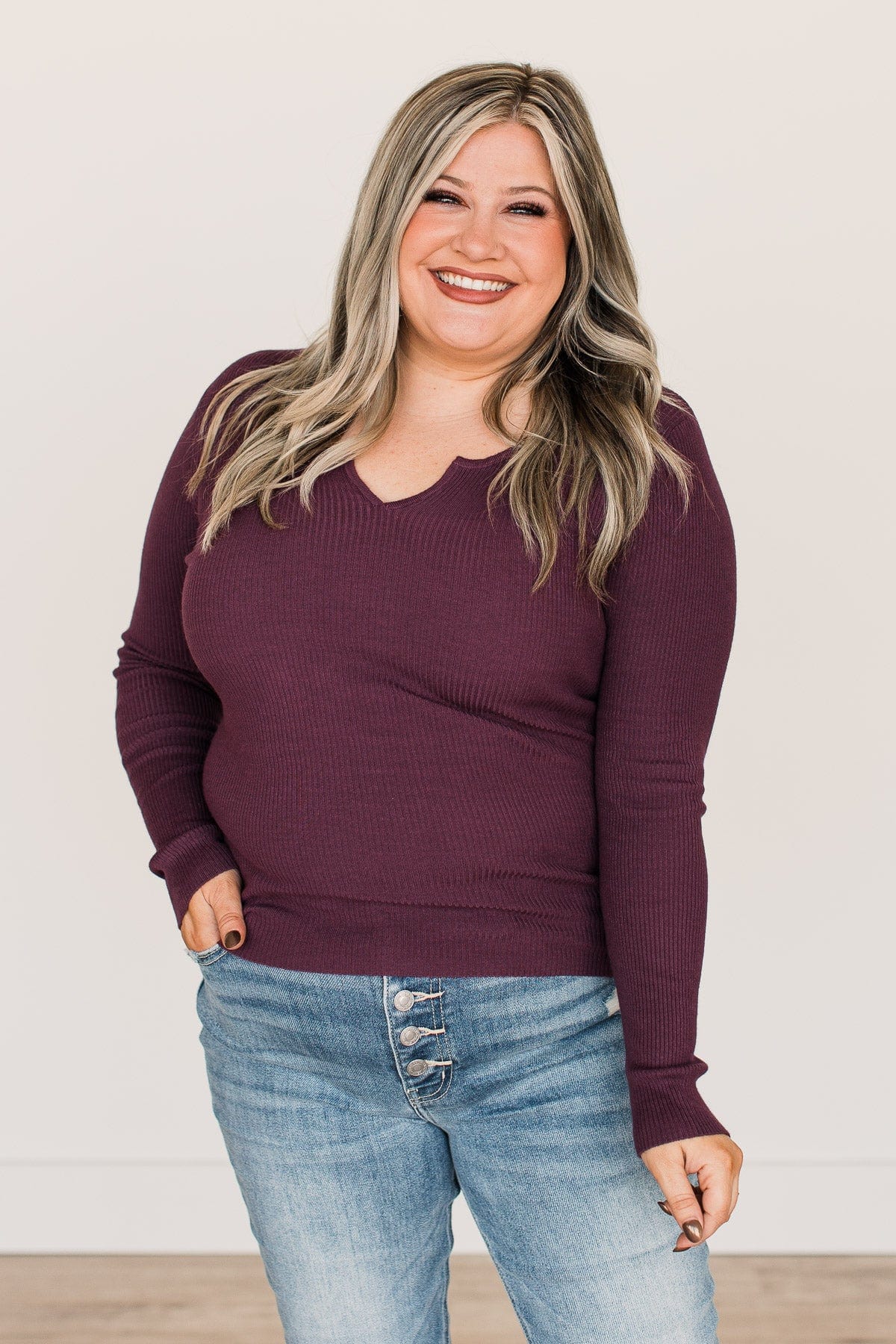 All The Possibilities Notch Knit Top- Eggplant