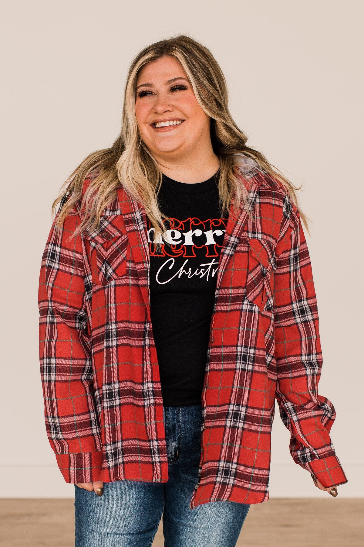 Heartfelt Serenades Hooded Plaid Top- Red