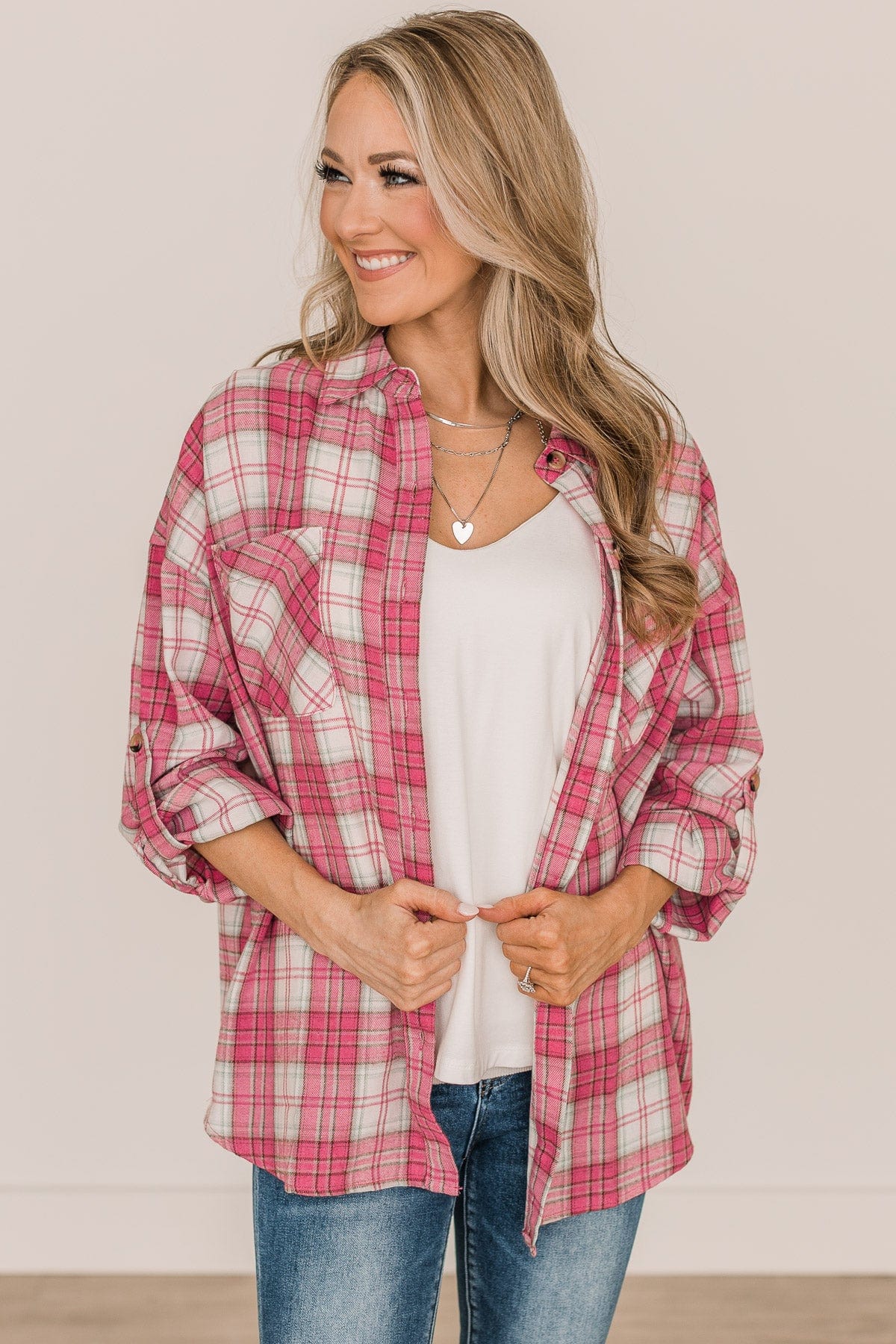 Spring To Mind Plaid Button Top- Pink