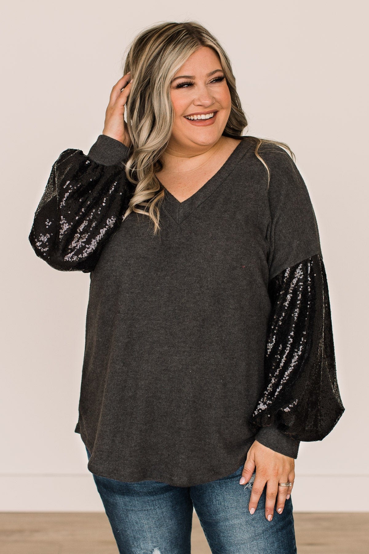 Moments Of Bliss Sequin Sleeve Top- Charcoal