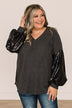 Moments Of Bliss Sequin Sleeve Top- Charcoal