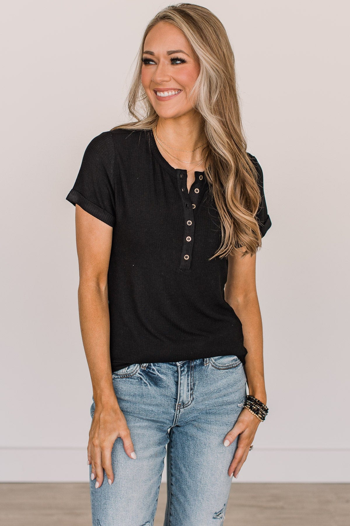 Every Effort Ribbed Knit Button Top- Black