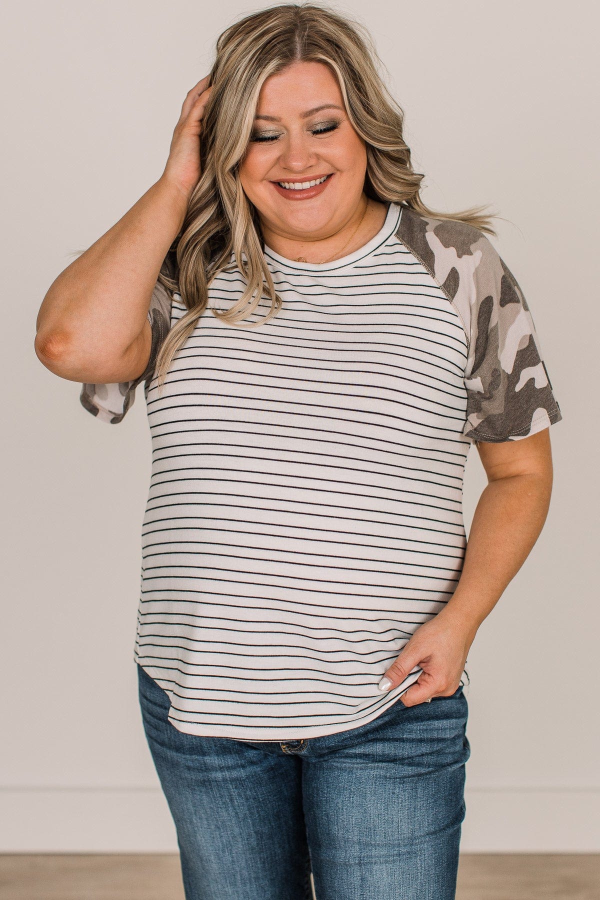 On A Mission Color Block Top- Ivory & Camo