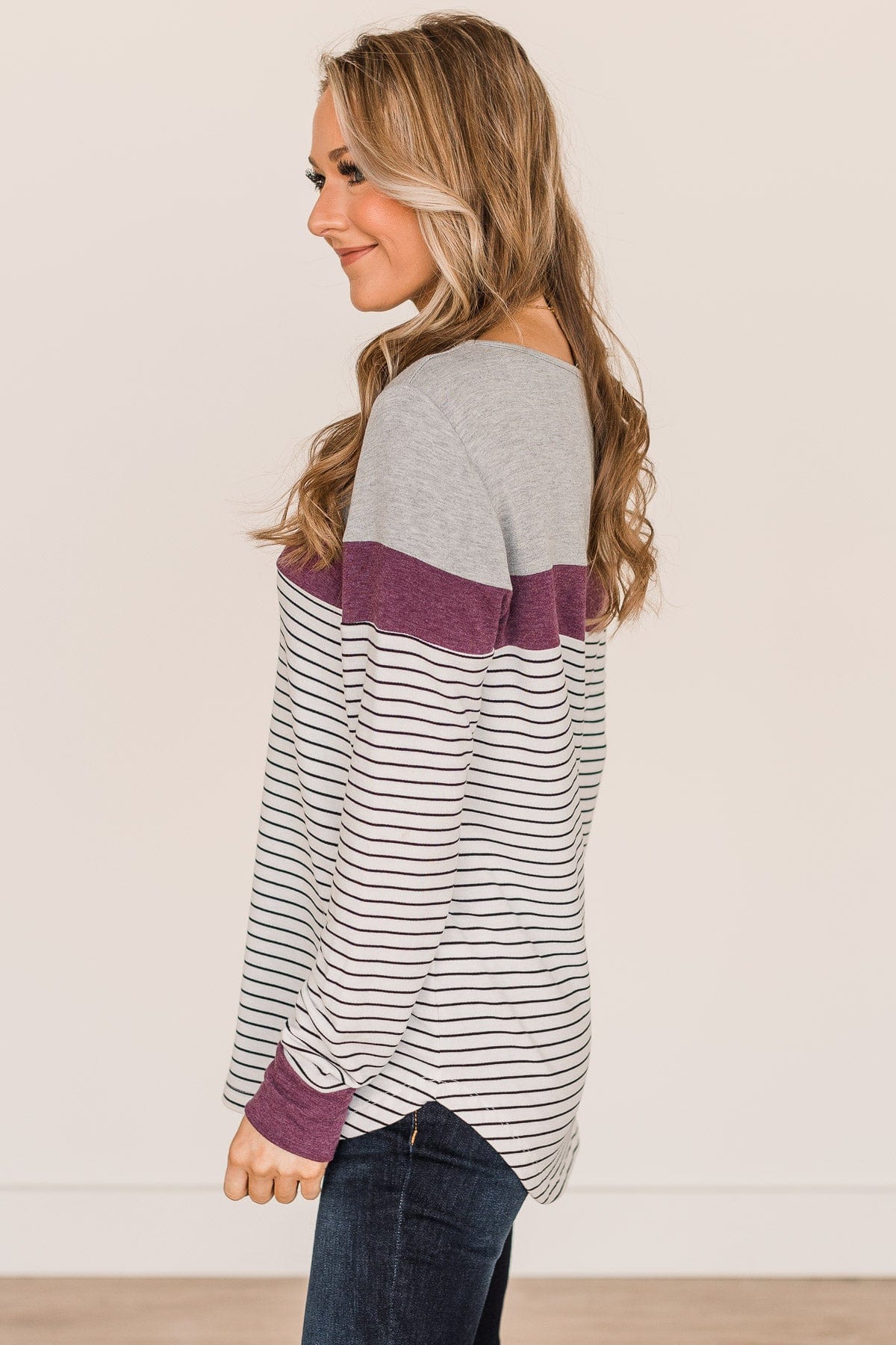 Sweet In Stripes Color Block Top- Ivory & Plum