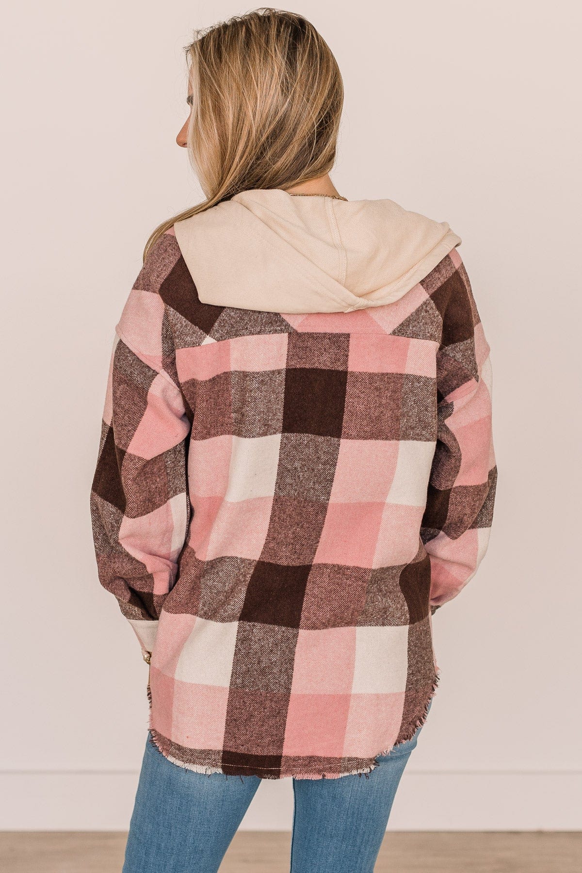 Just Can't Resist Hooded Plaid Top- Blush & Brown