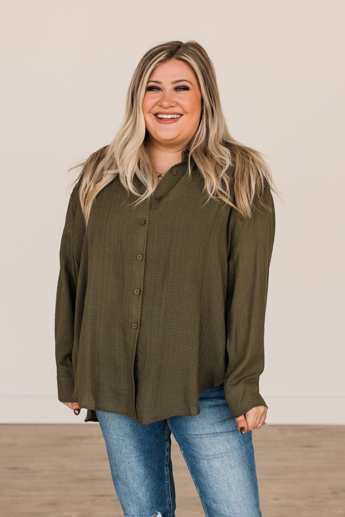 Just Getting Good Button Top- Dark Olive