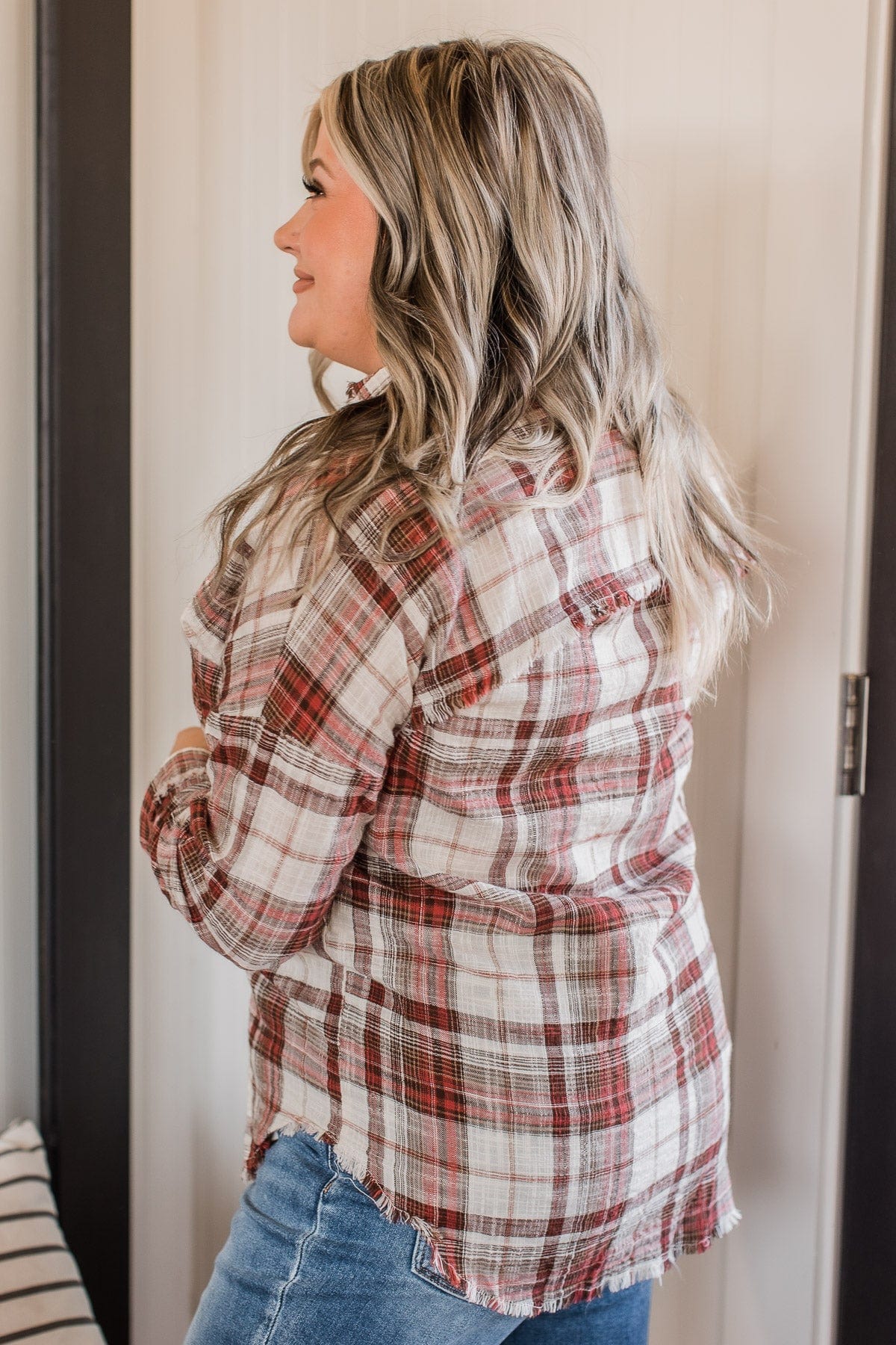 Amazed By Autumn Frayed Plaid Top- Ivory & Red