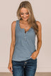 Bound To Be Beautiful Button Henley Tank Top- Denim Blue