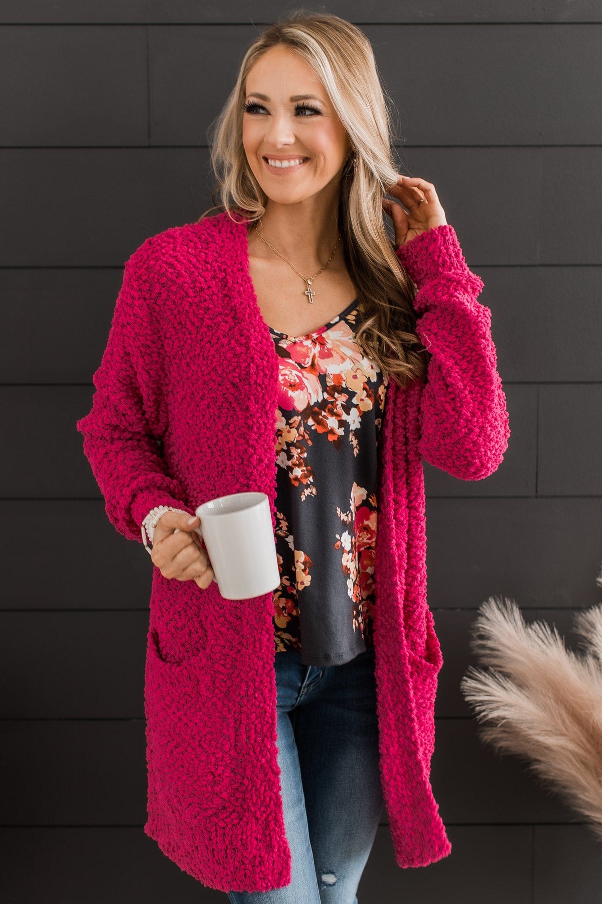 Take Another Look Popcorn Cardigan- Hot Pink