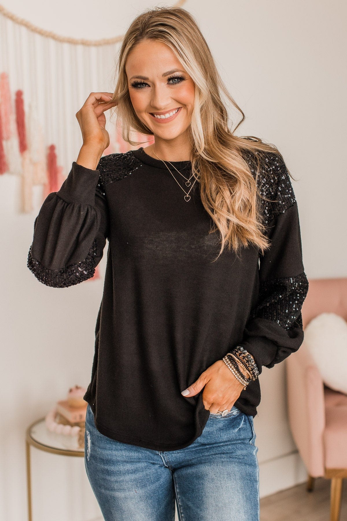 Special Moments Sequin Top- Black