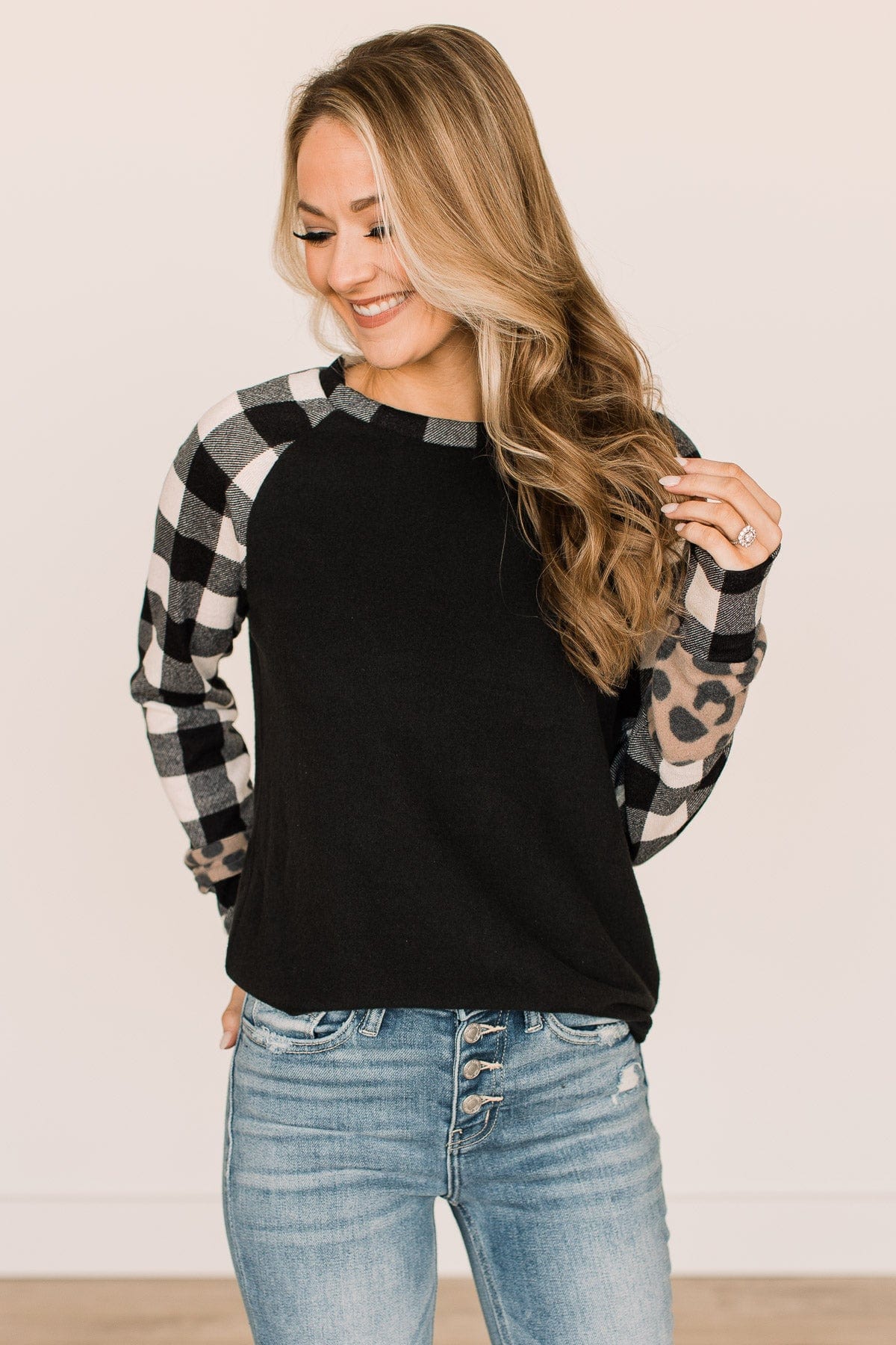 Nobody Like You Plaid Sleeve Top- Black