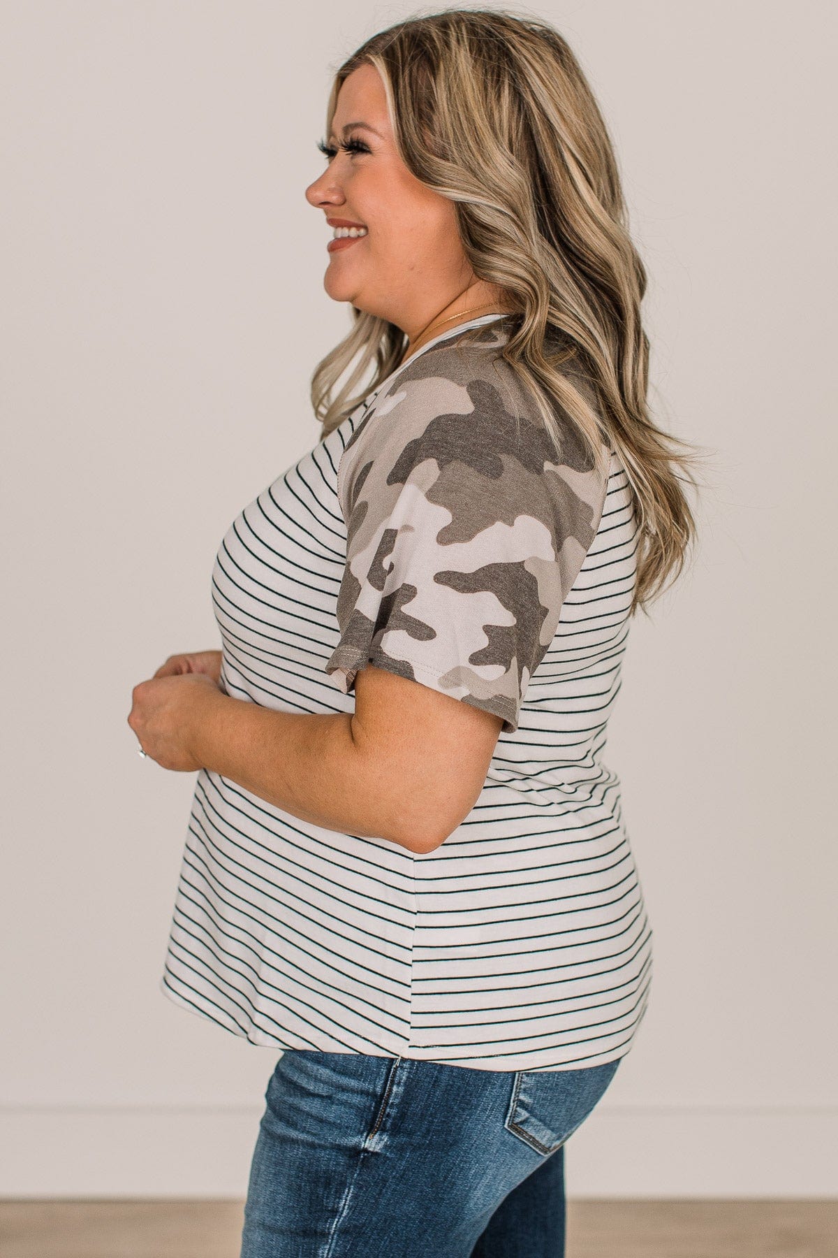 On A Mission Color Block Top- Ivory & Camo