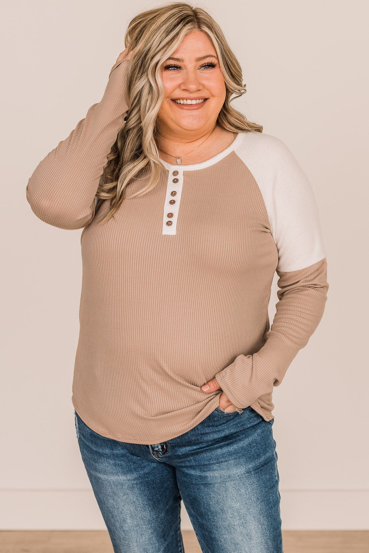 In The Works Button Knit Top- Beige & Ivory