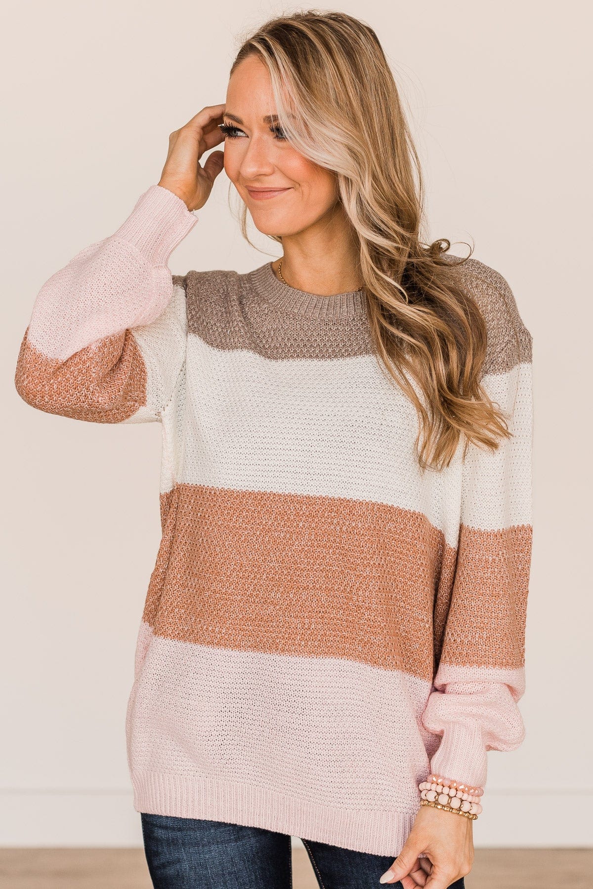 Warms Your Heart Knit Sweater- Mocha, Ivory, & Pink