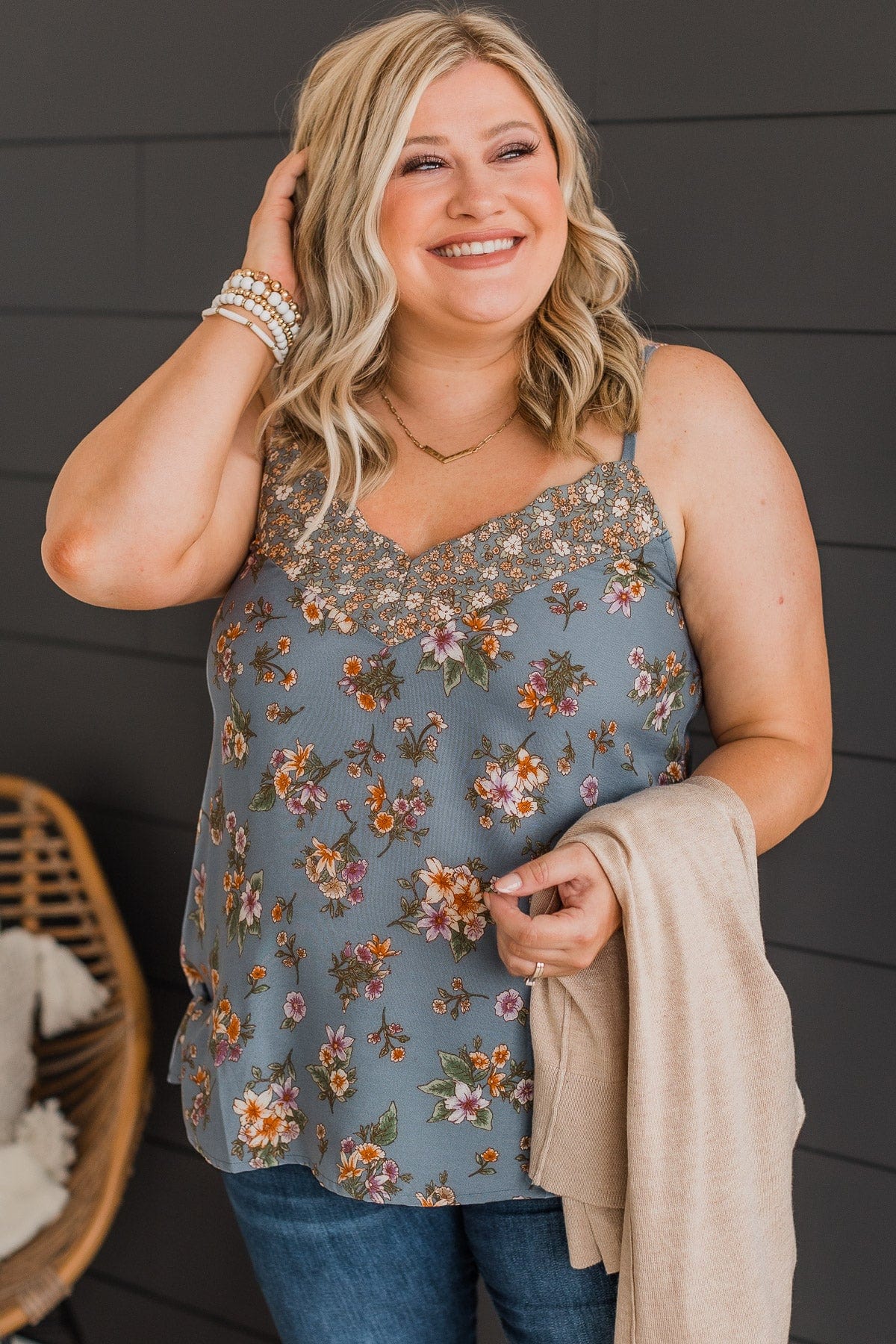 Cross Paths Floral V-Neck Tank Top- Dusty Blue