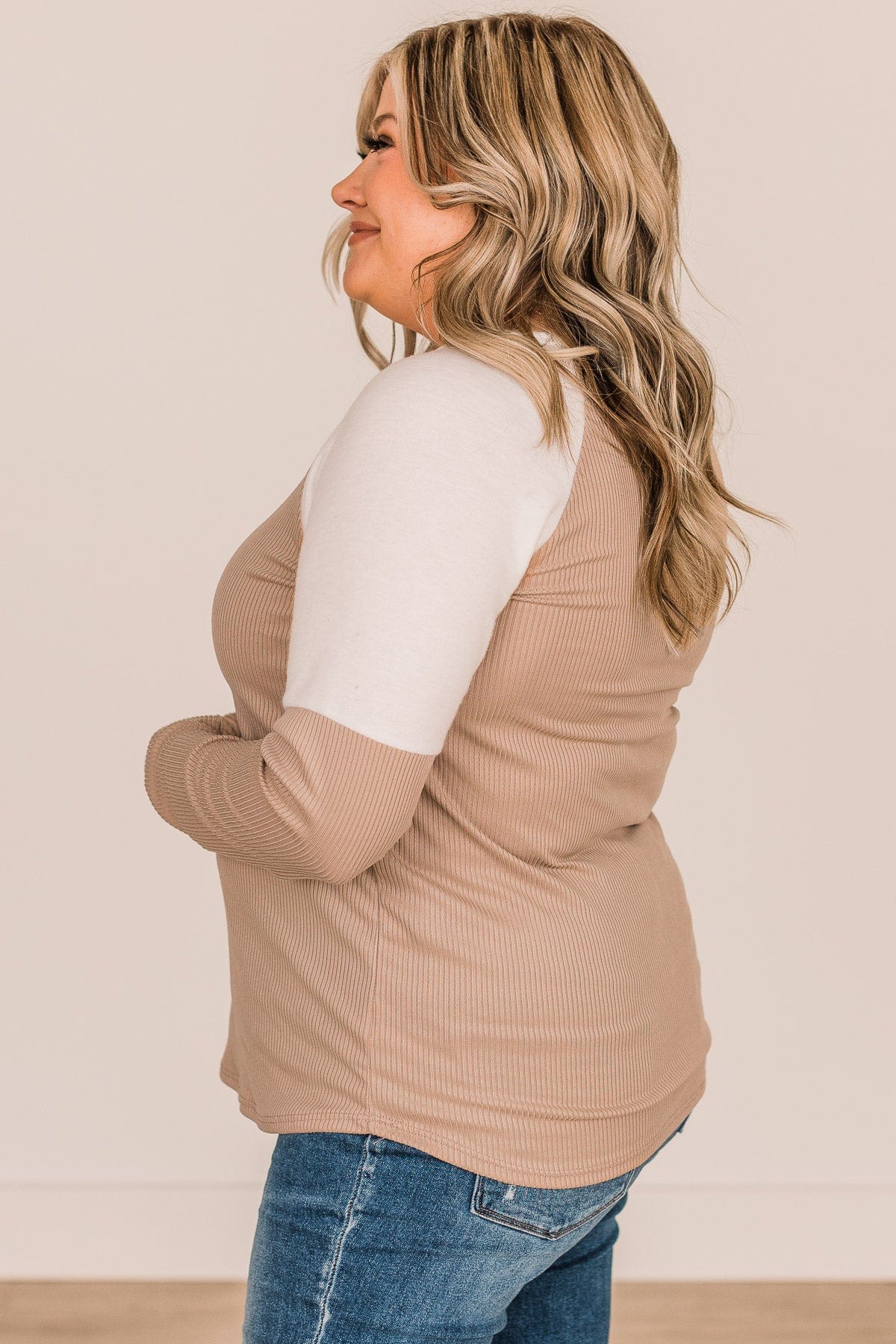 In The Works Button Knit Top- Beige & Ivory