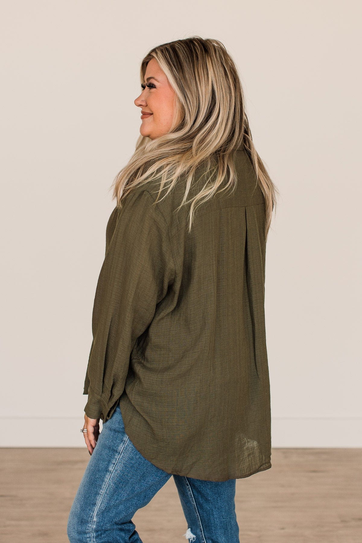 Just Getting Good Button Top- Dark Olive