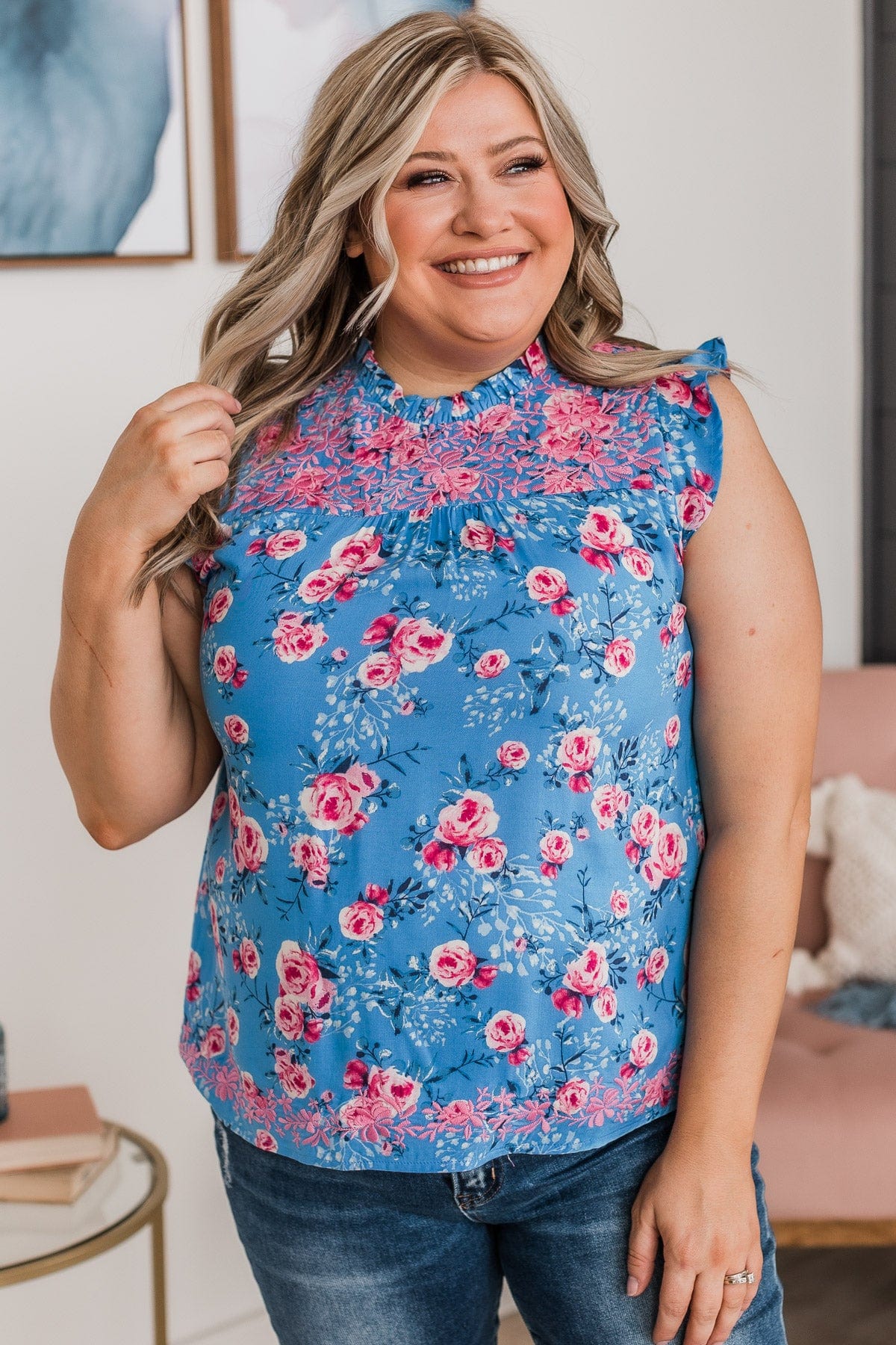Wander The Town Floral Blouse- Blue & Pink