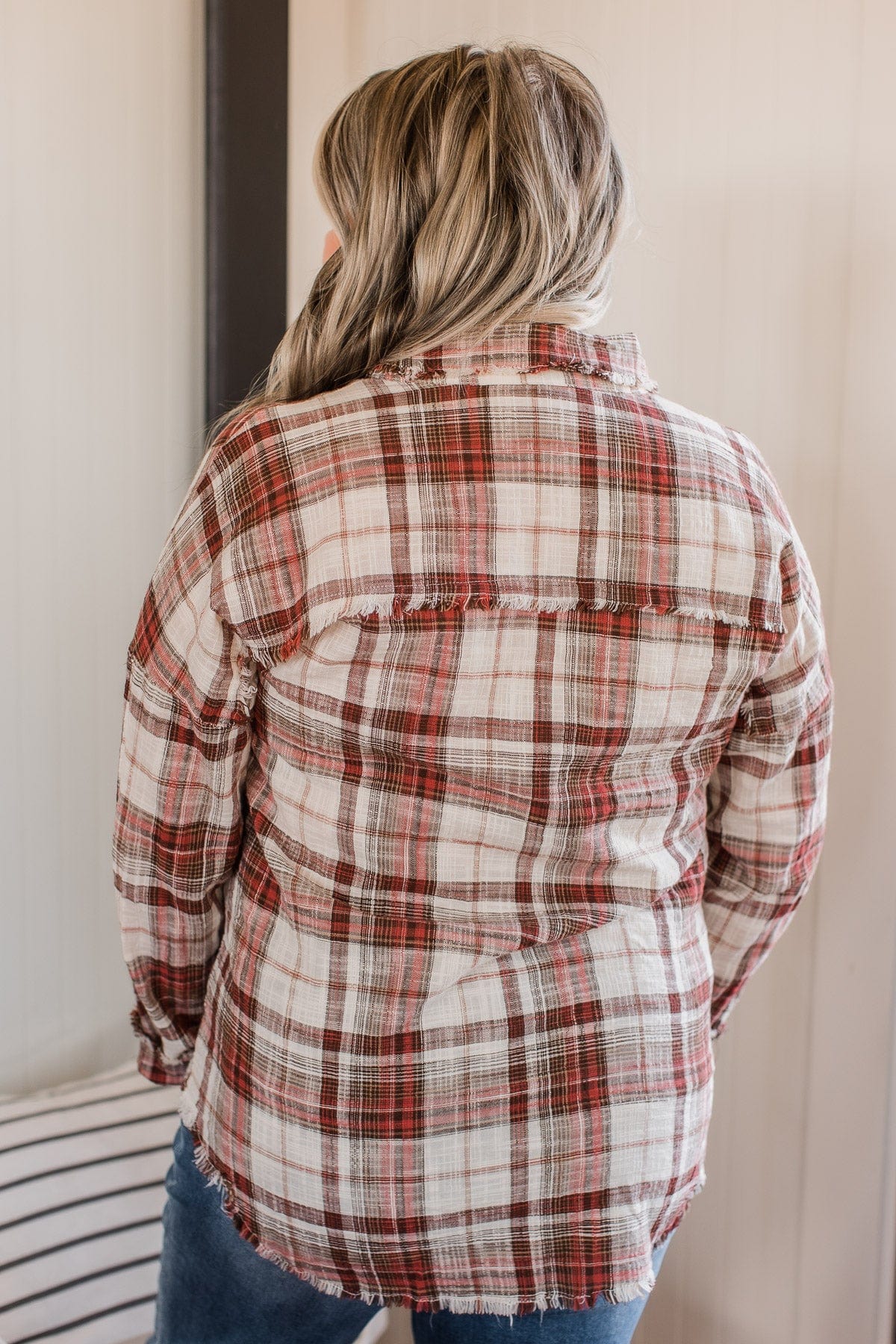 Amazed By Autumn Frayed Plaid Top- Ivory & Red