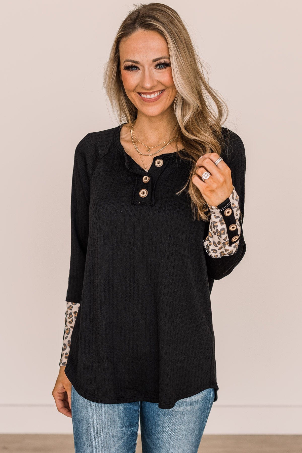 At My Happiest Button Knit Top- Black