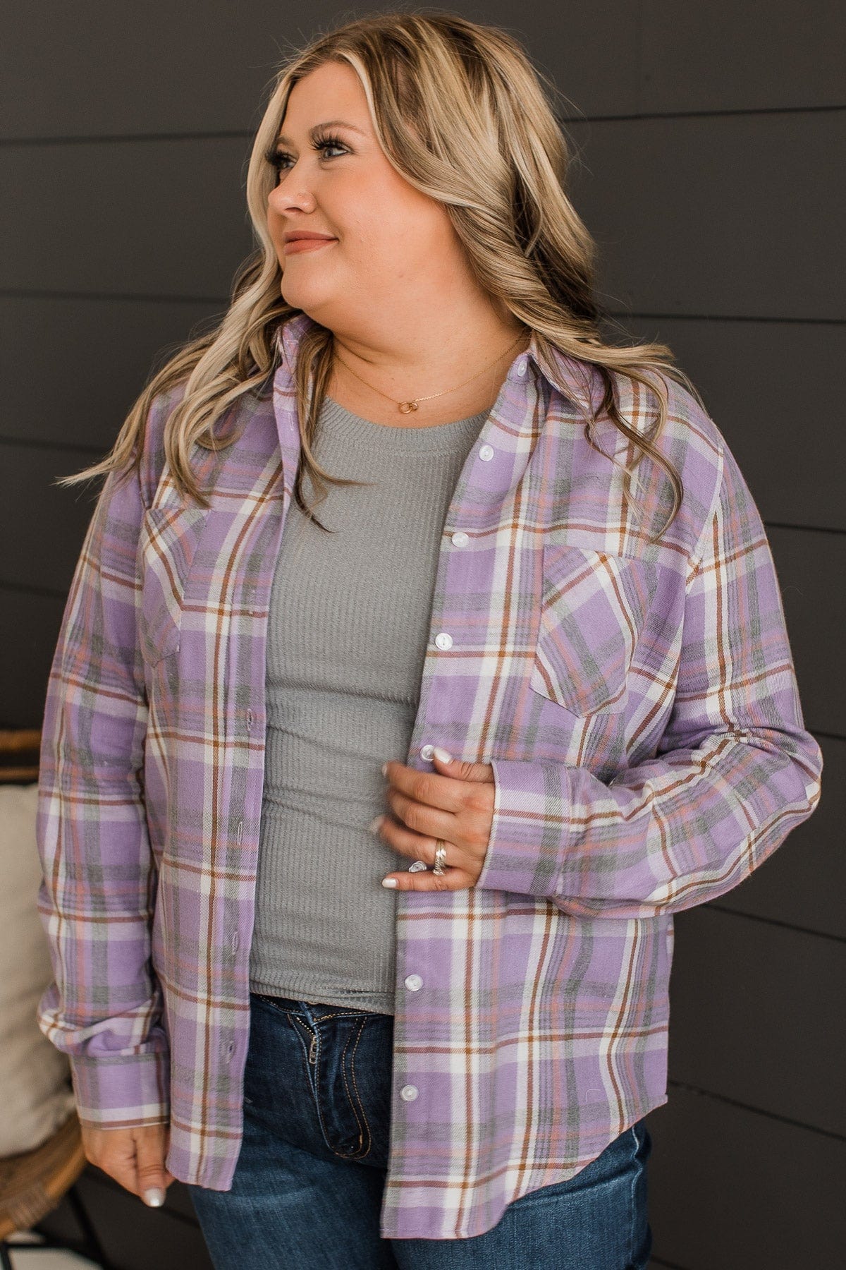 Running To You Plaid Button Top- Lavender & Grey