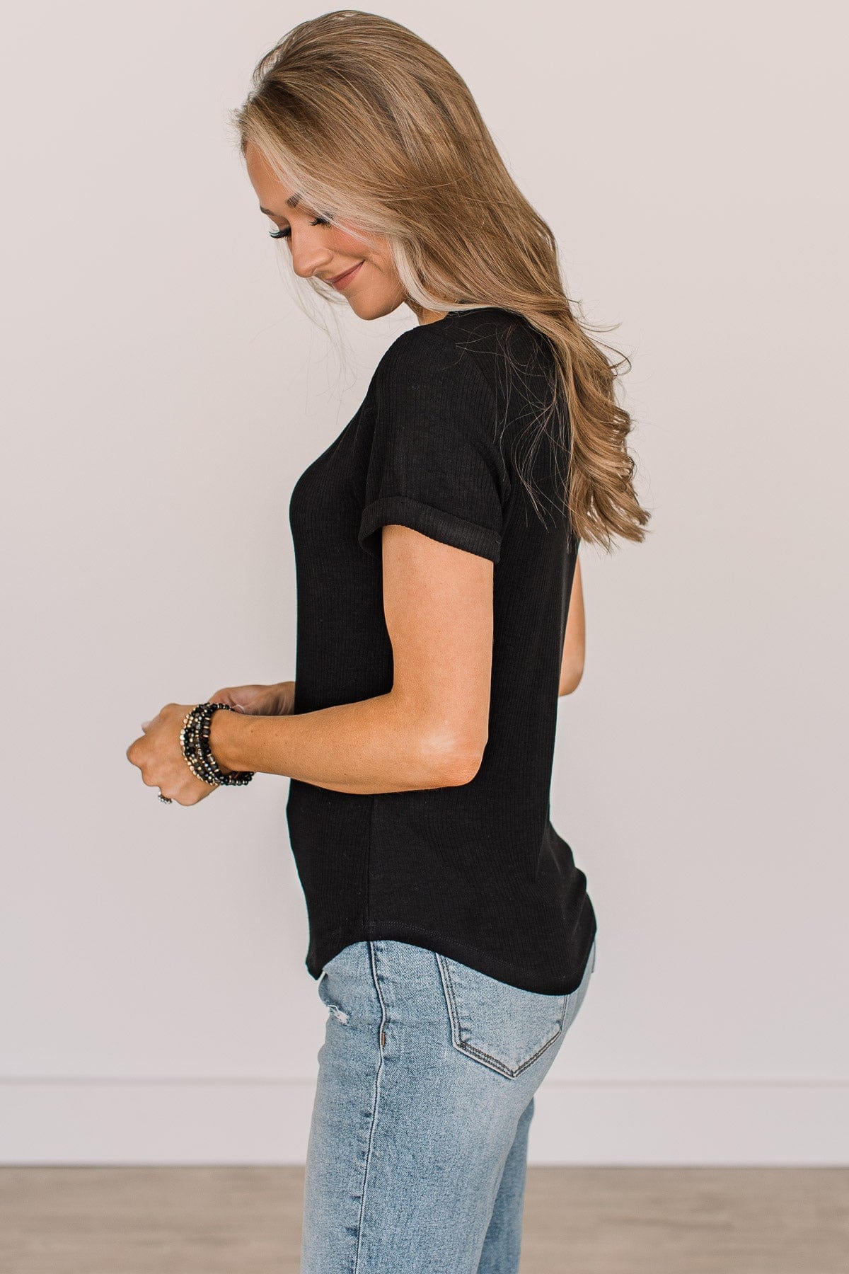 Every Effort Ribbed Knit Button Top- Black