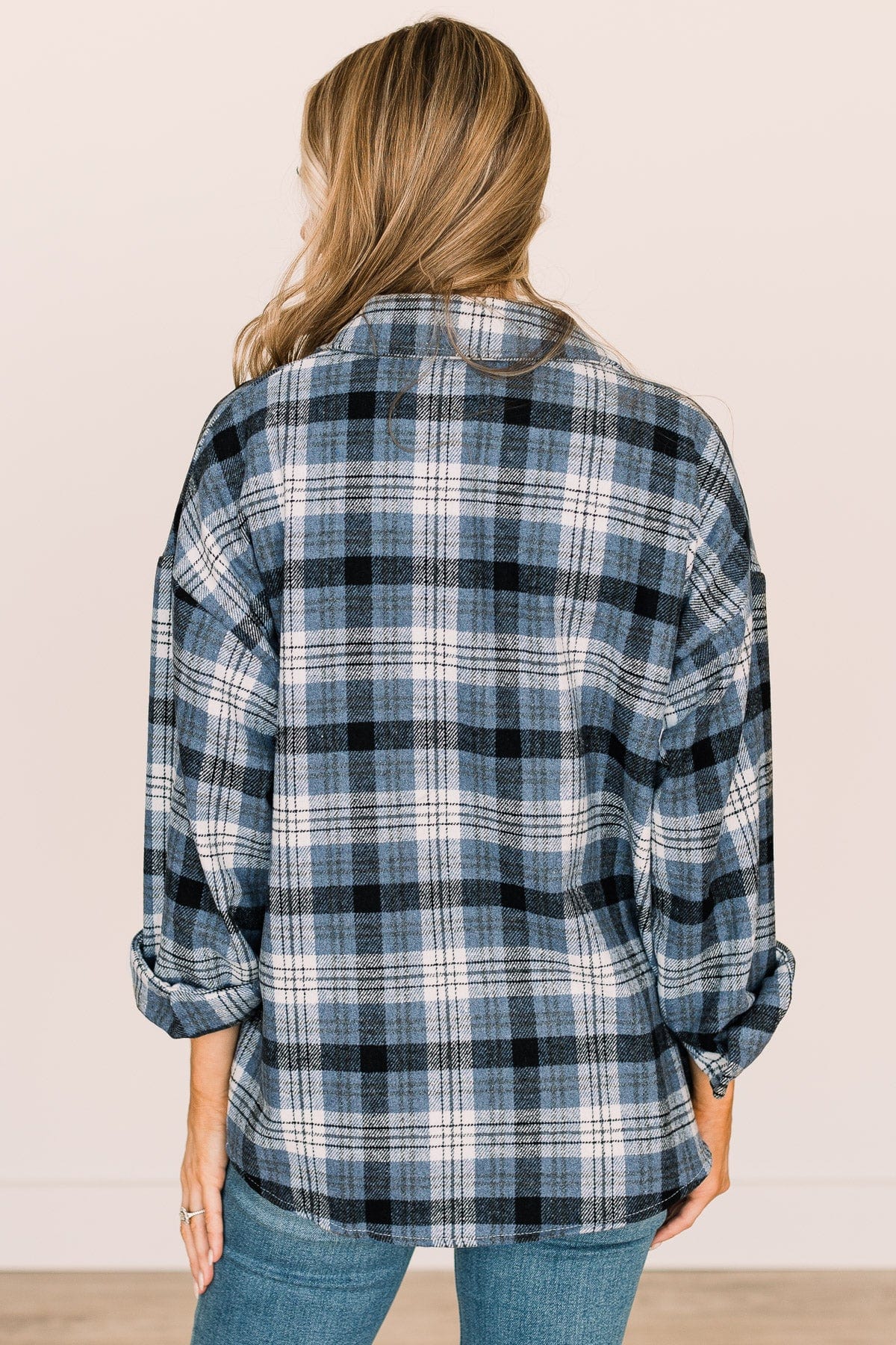 Missing You Plaid Button Top- Navy