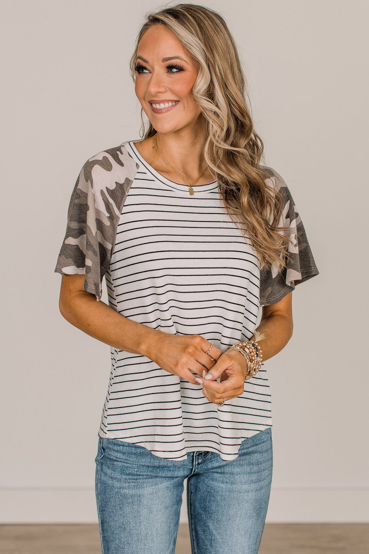 On A Mission Color Block Top- Ivory & Camo