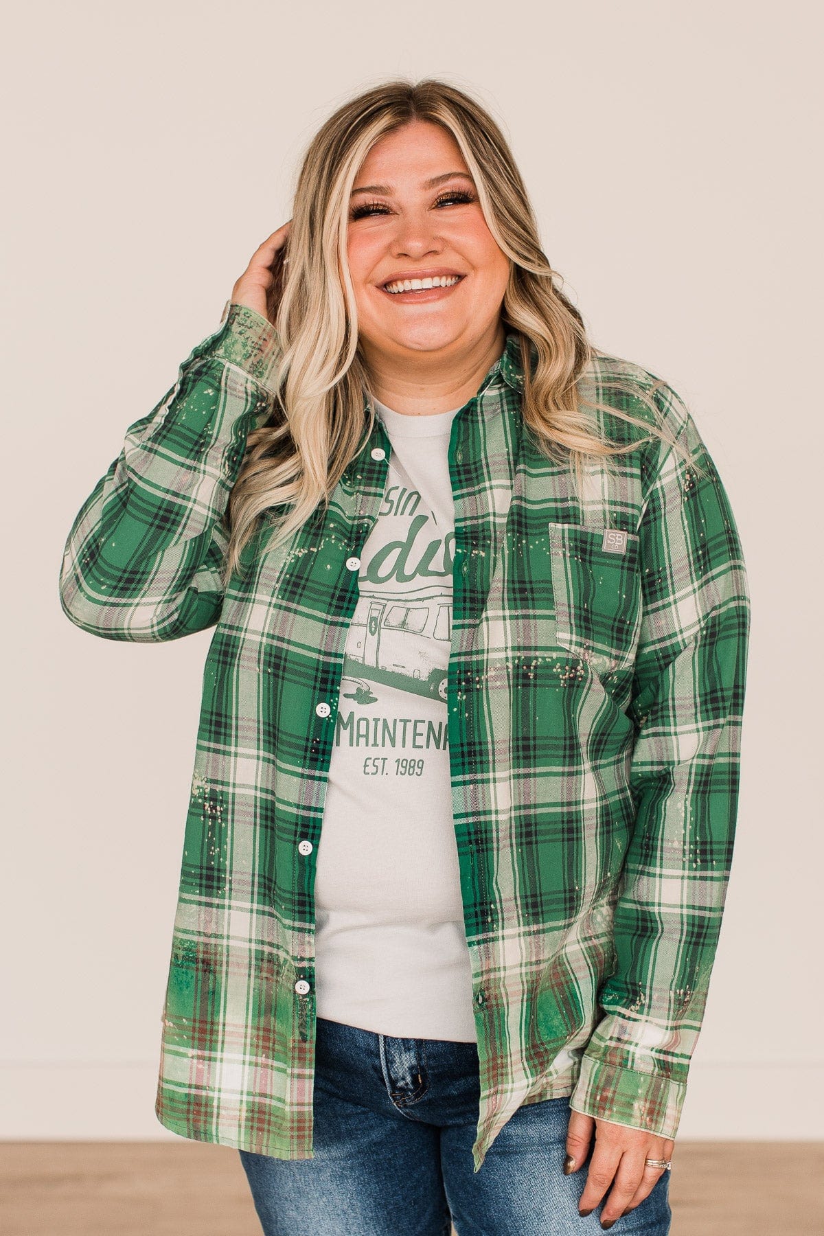 On The Lookout Bleached Plaid Top- Green