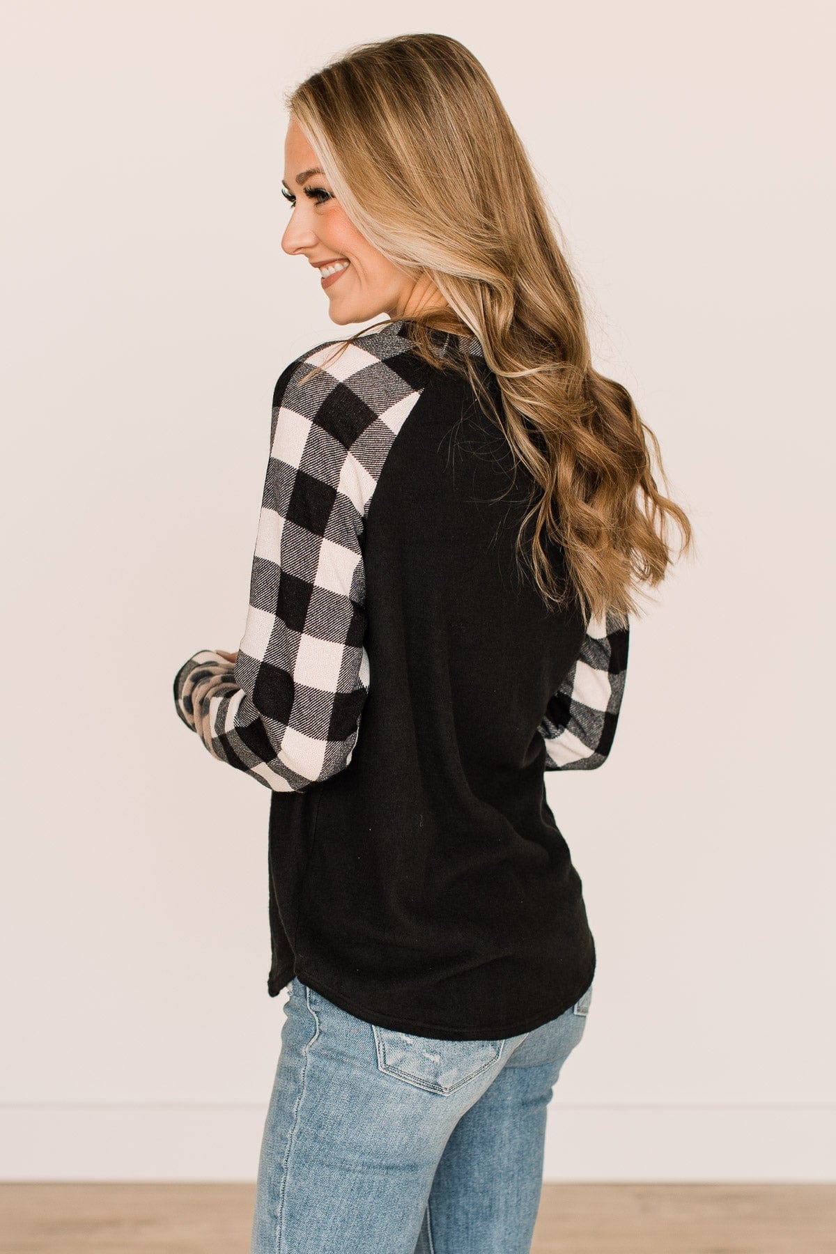 Nobody Like You Plaid Sleeve Top- Black