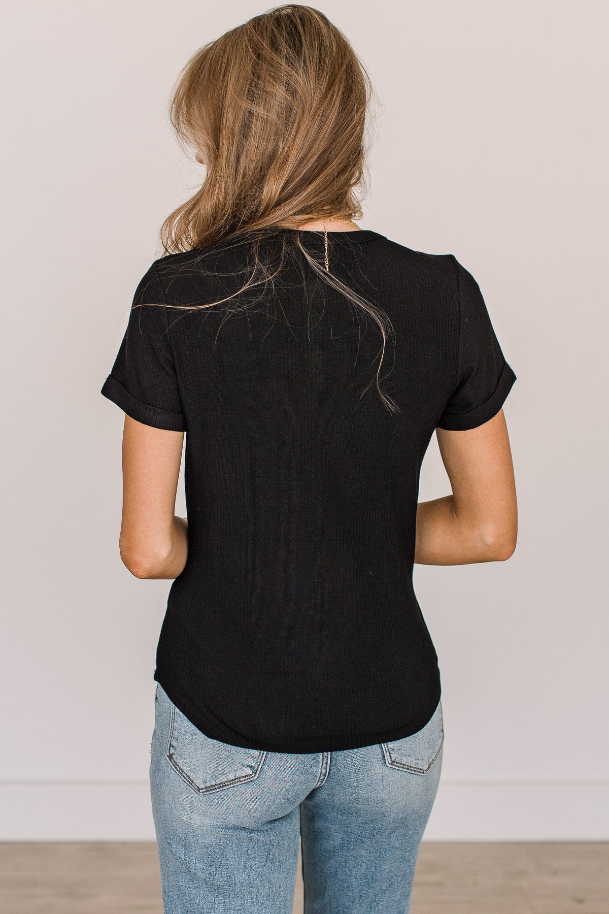 Every Effort Ribbed Knit Button Top- Black