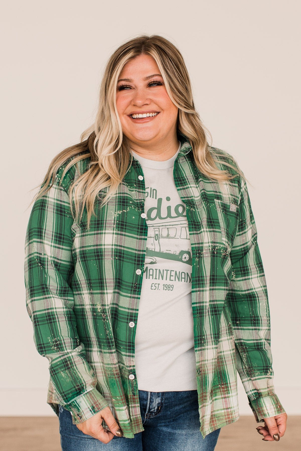 On The Lookout Bleached Plaid Top- Green