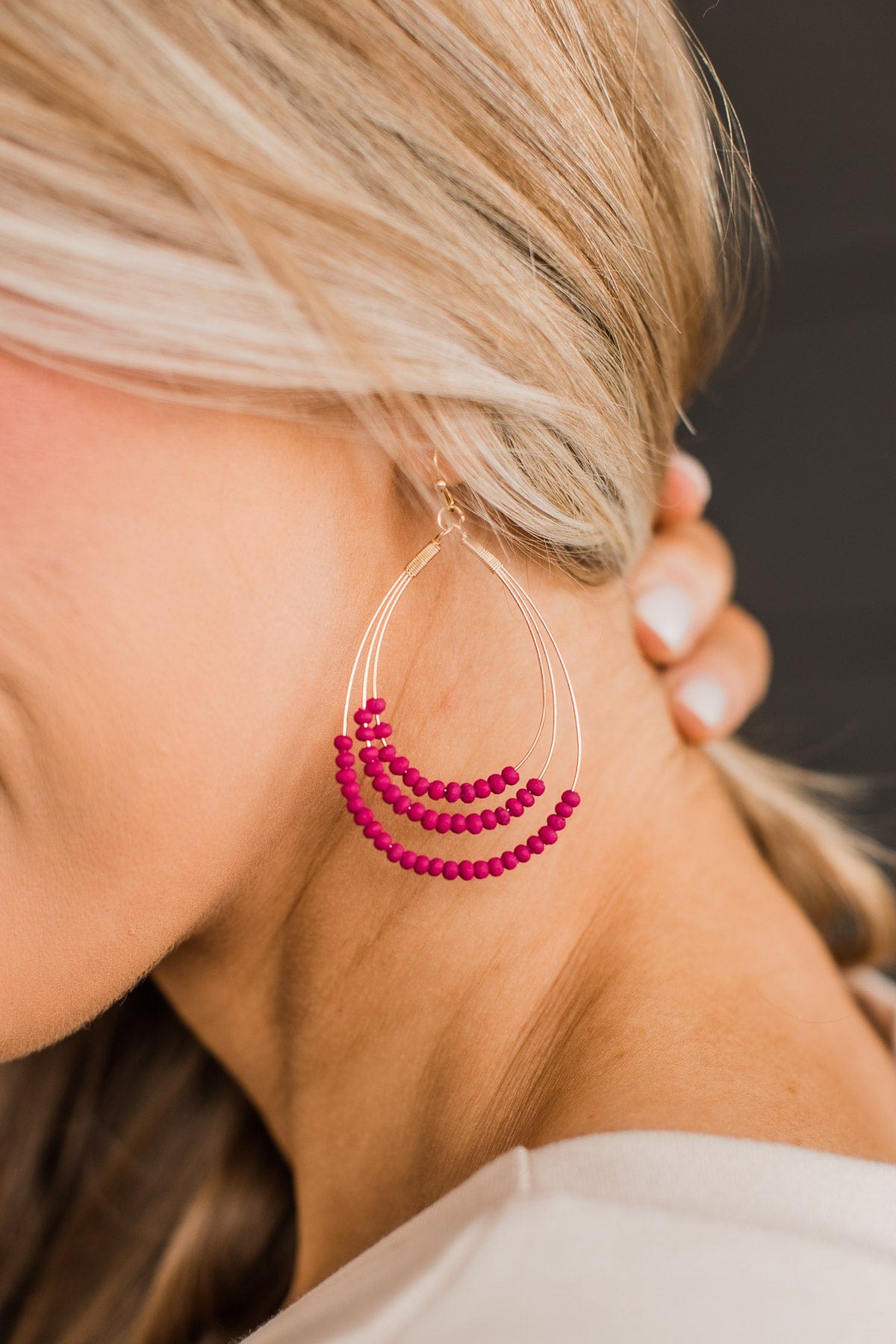 Promising Style Beaded Teardrop Earrings- Fuchsia