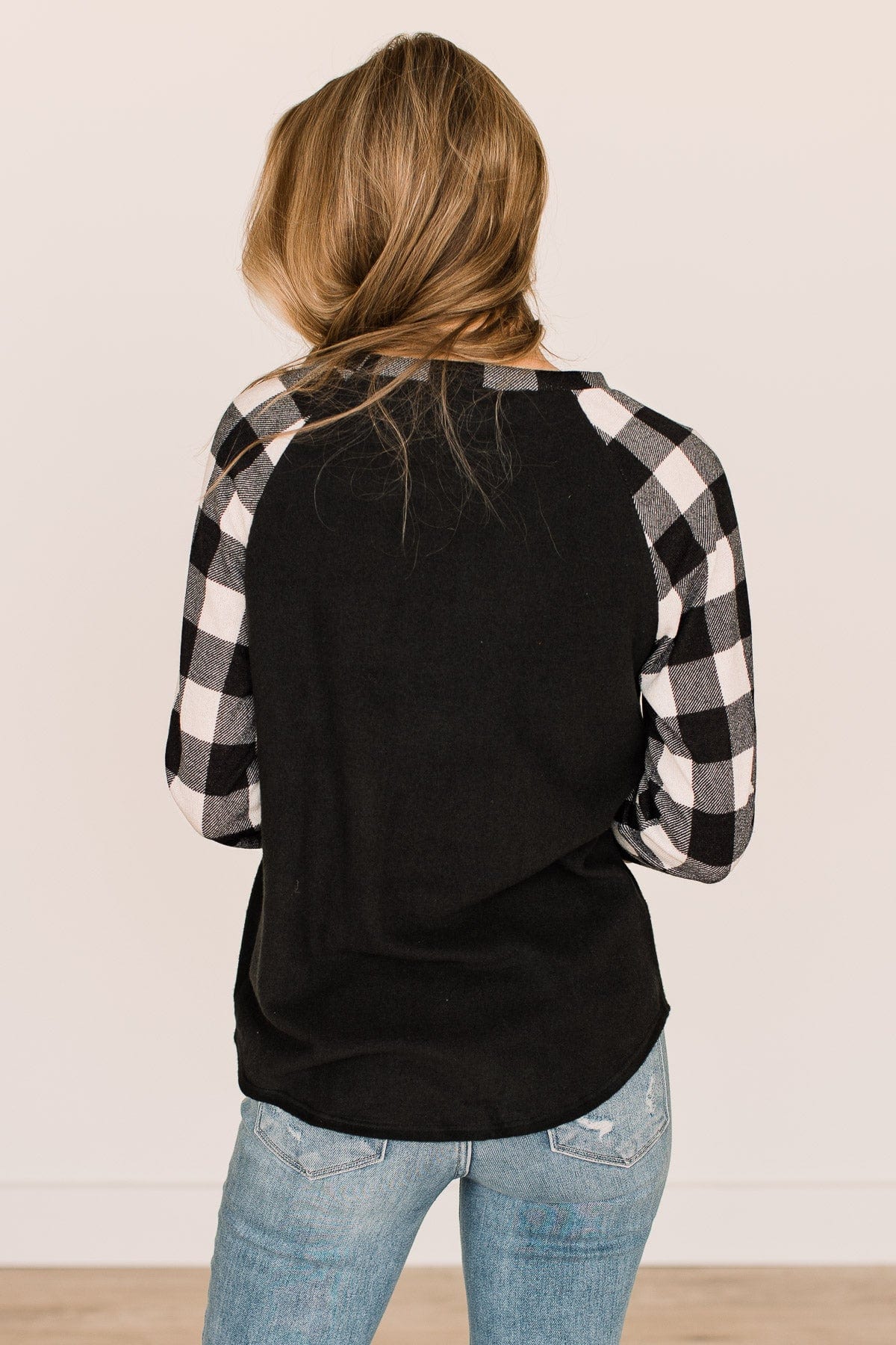 Nobody Like You Plaid Sleeve Top- Black
