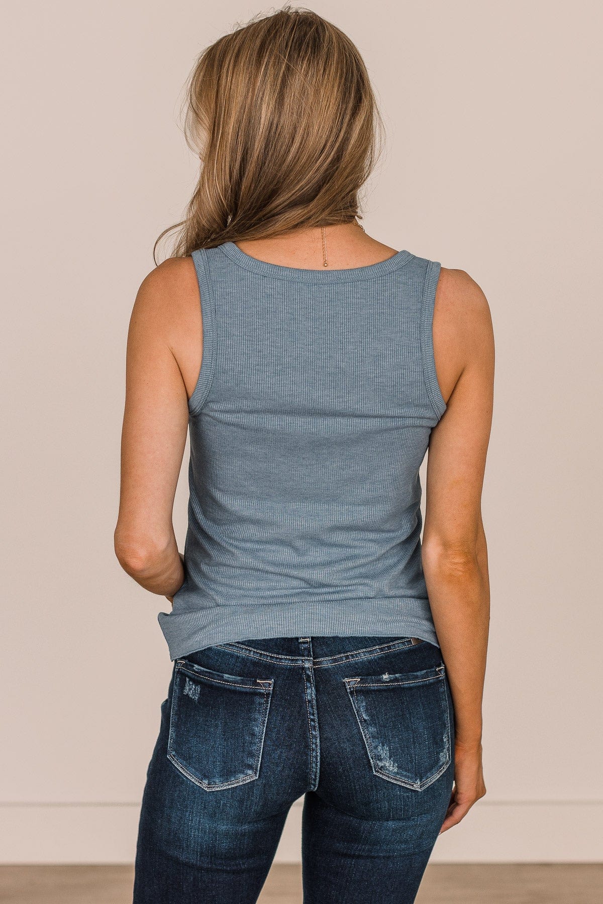 Bound To Be Beautiful Button Henley Tank Top- Denim Blue