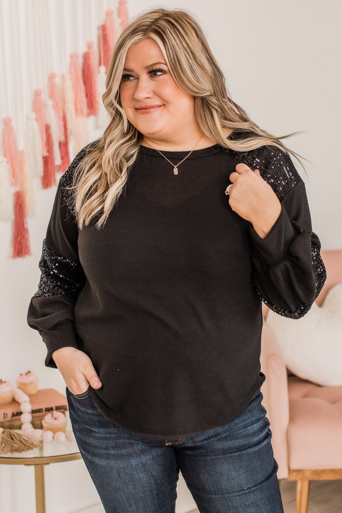 Special Moments Sequin Top- Black